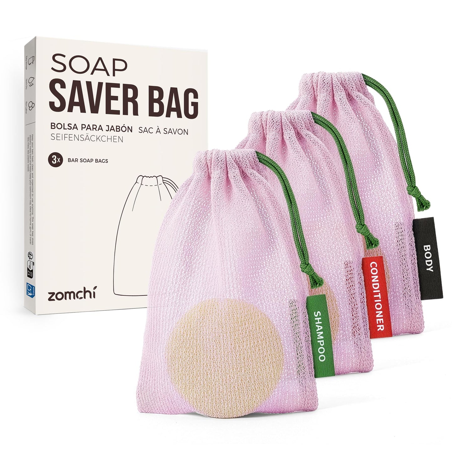 ZOMCHI Mesh Soap Bags for Shower, Body & Shampoo Bars, 3 Pack, Pink