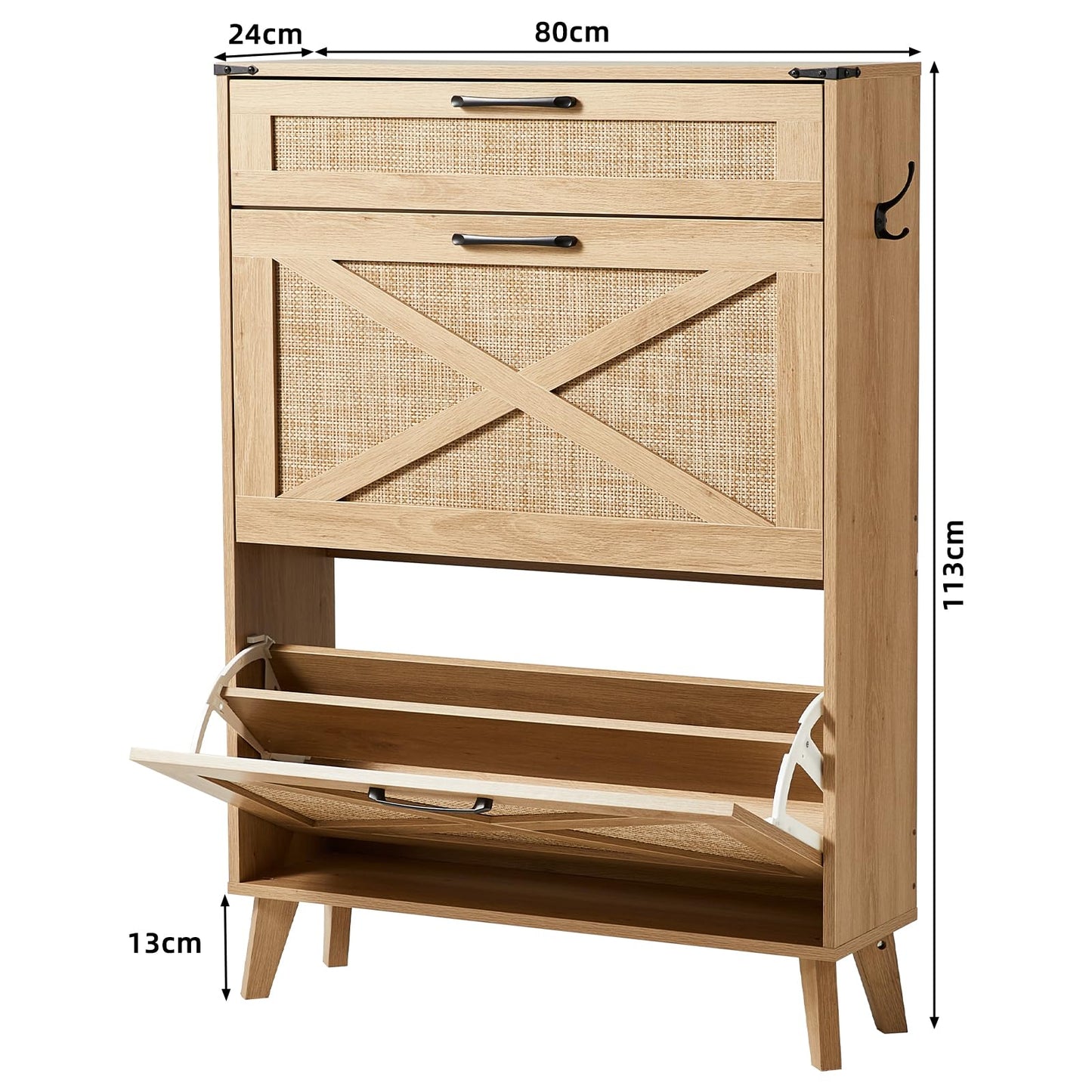 LELELINKY Rattan Slim Narrow Shoe Storage with 2 Flip Drawers, Natural
