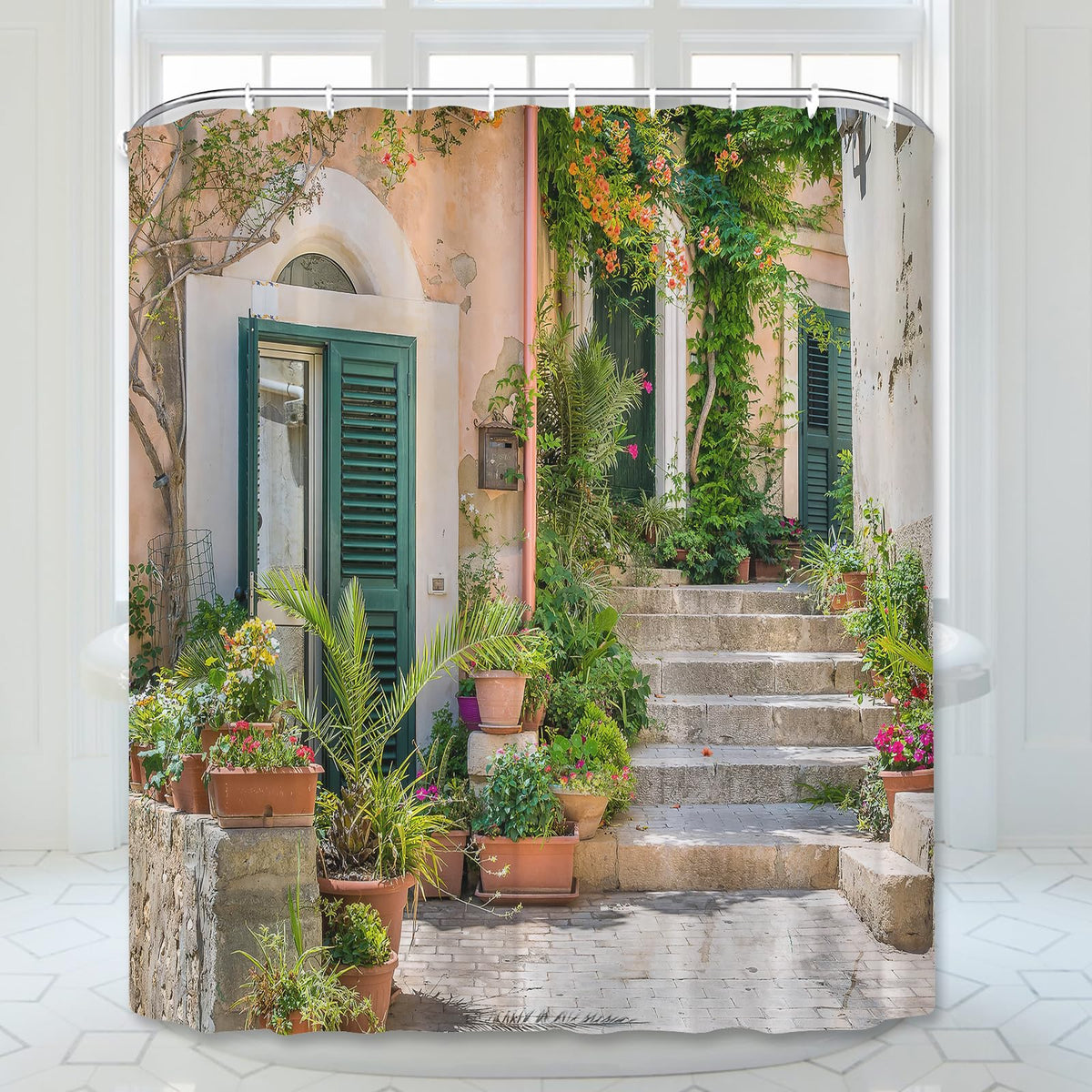 Street Scenery Shower Curtain with Old Stone House and Flower Picture Lightweight Quick-dry Cloth Bathroom Curtain with Hooks Tall Floral Shower