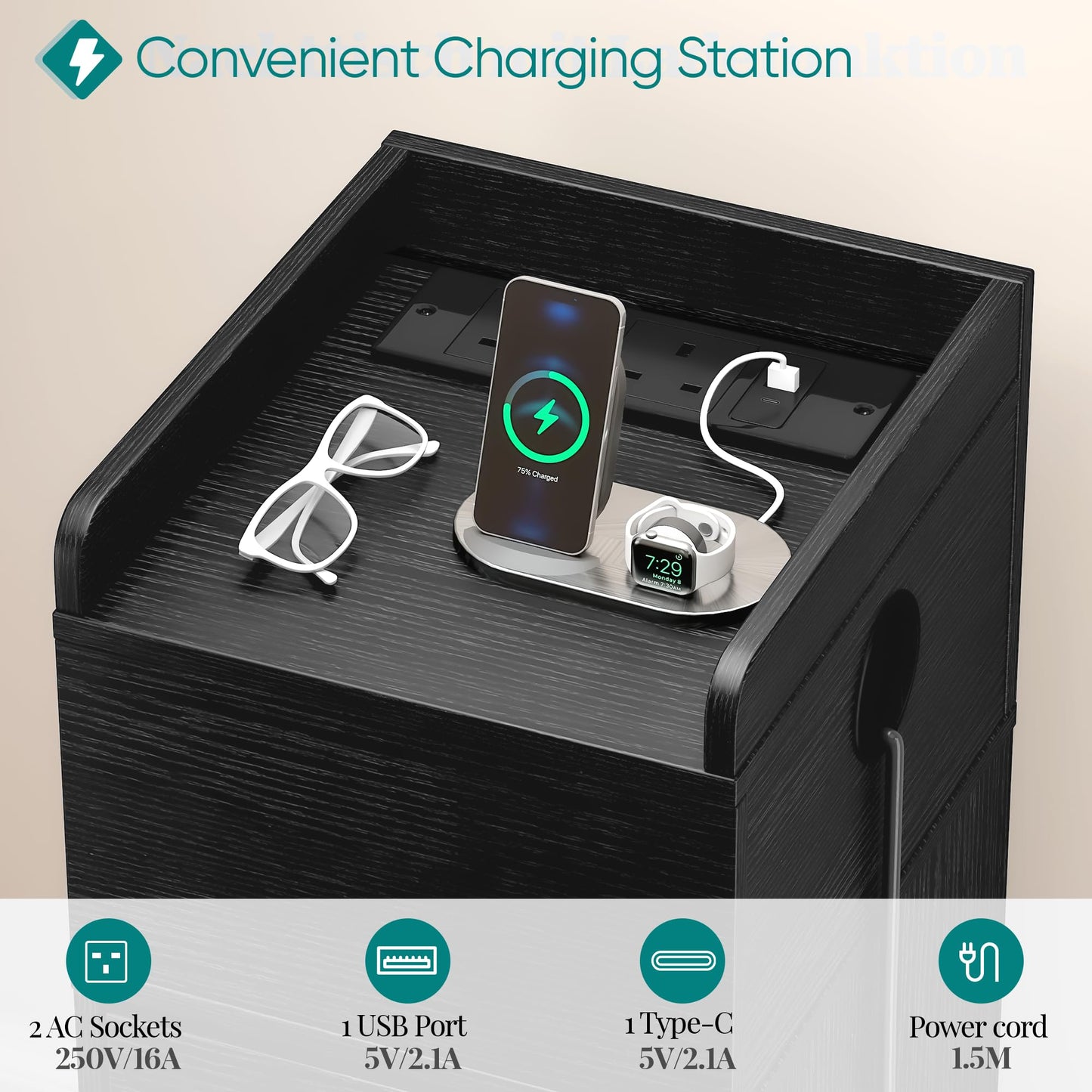 Quikraen 27cm Slim Bedside Table with Charging Station and Sensor LED Light