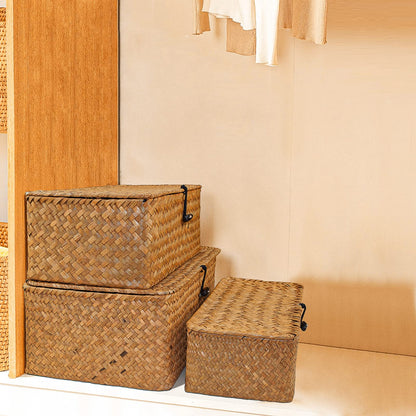 Wicker Storage Basket Woven Rattan Storage Box With Lids Seagrass Laundry Baskets Makeup Organizer For Bathroom, Living Room, Kitchen (L+XXL)
