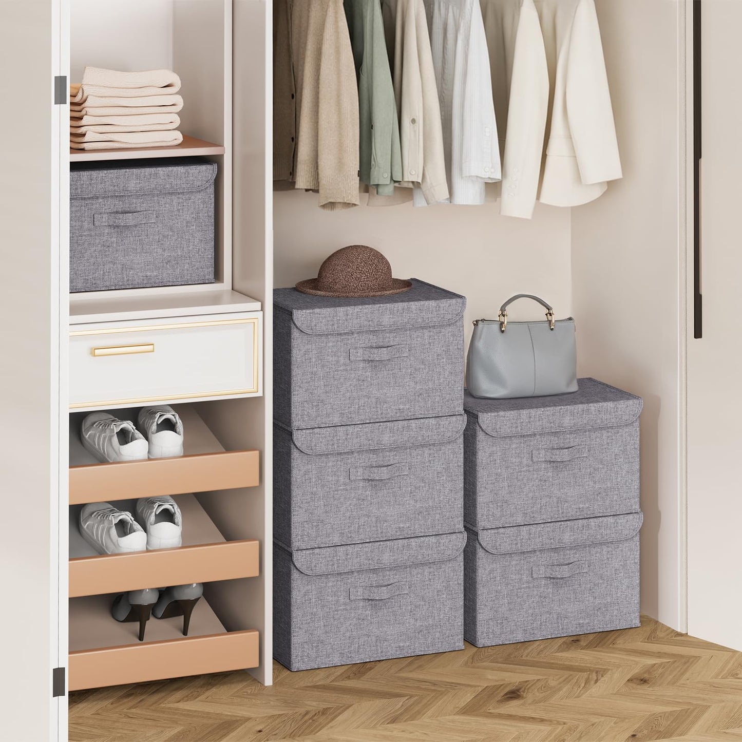 Homsorout Foldable Storage Boxes with Lids - Wardrobe Organiser Bin with Handle Fabric Basket Containers for Clothes, Book, Shelf, Office