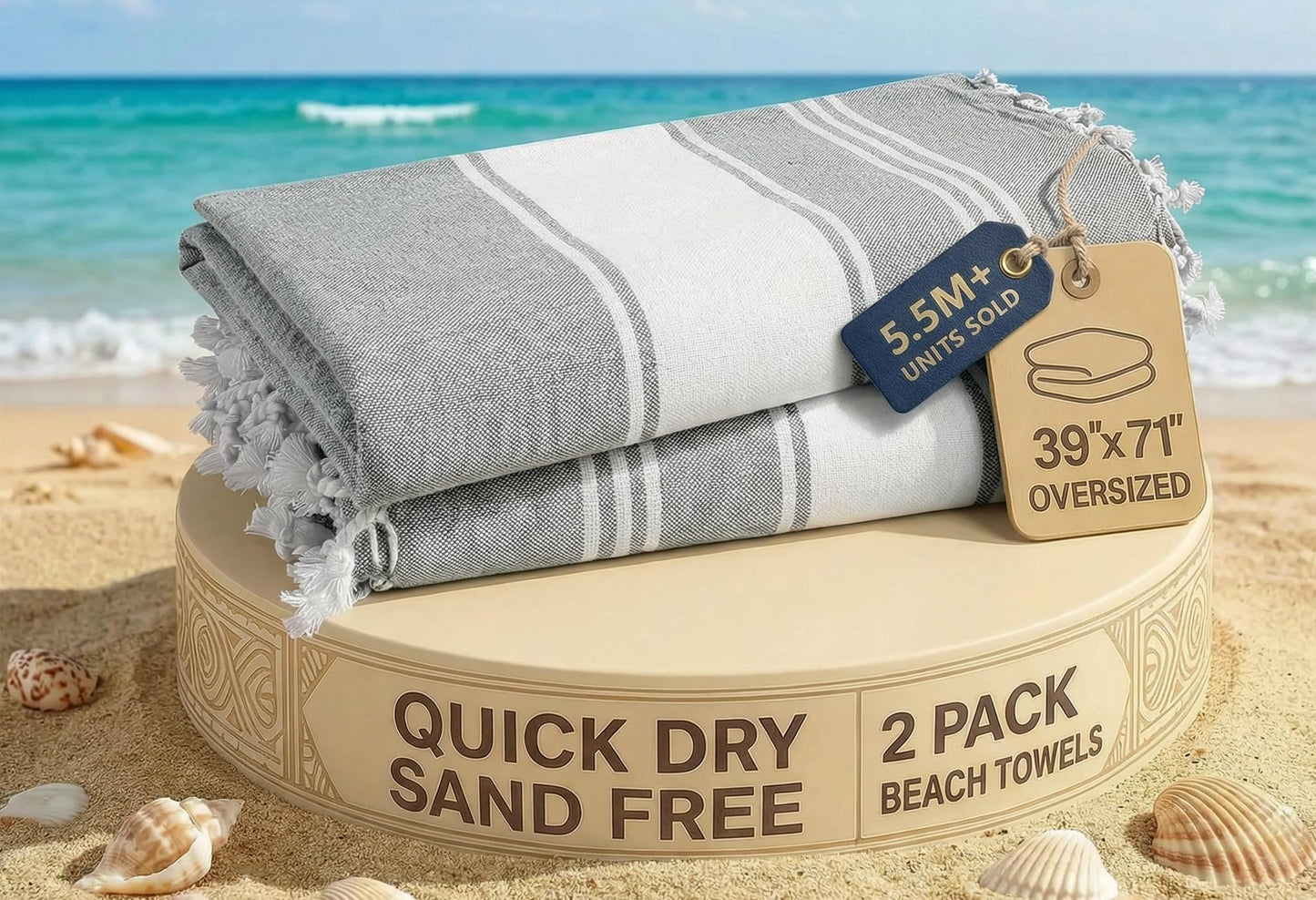 LANE LINEN Turkish Beach Towel, 2 Pack Towels Oversized, 39"x71", Cotton Rich Quick Dry Pool Towels for Adults, Absorbent Sand Free