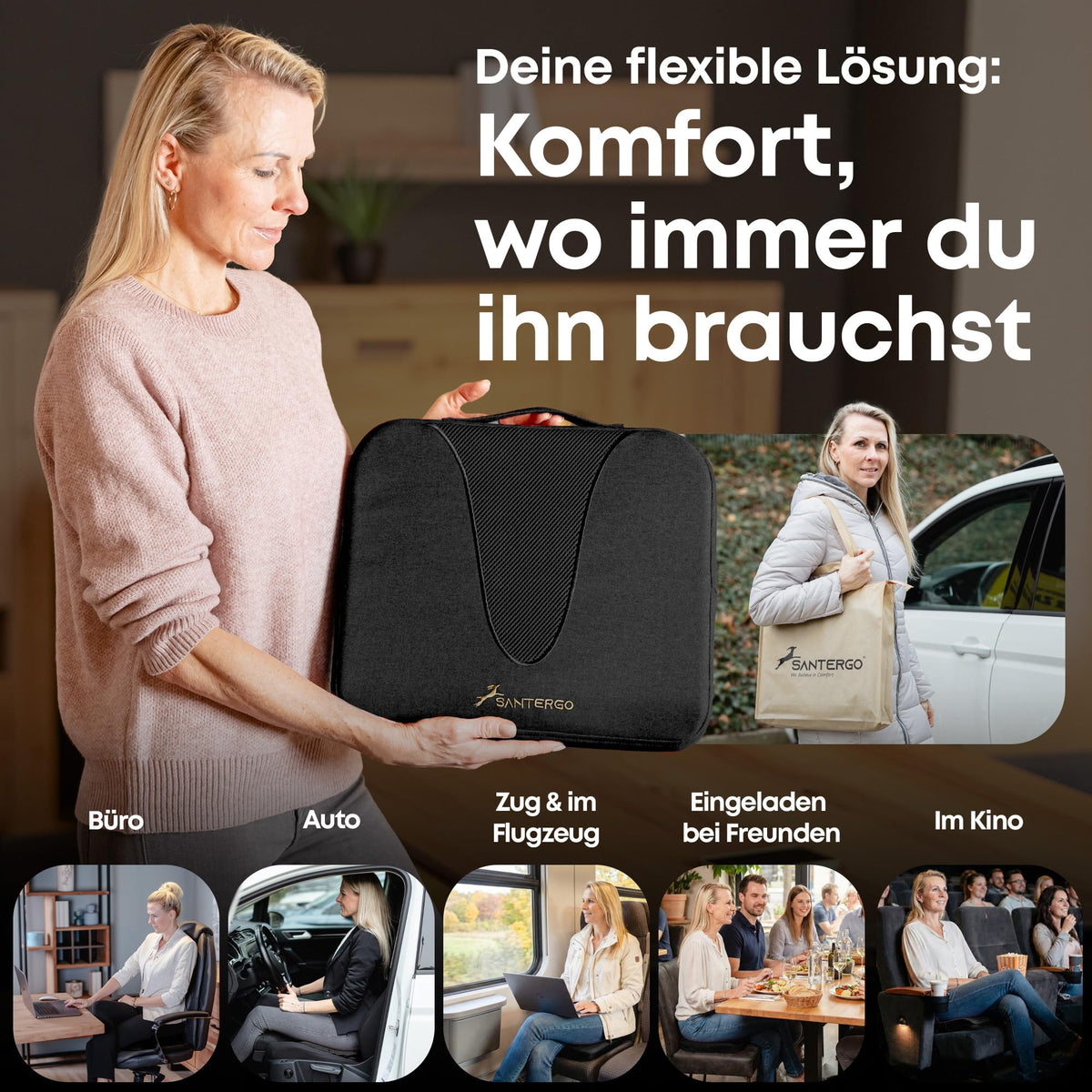 SANTERGO Ergonomic Seat Cushion Made of Moulded Foam Patented & Dimensionally Stable Chair Cushion Wedge Cushion Chair Office Chair Wheelchair Car