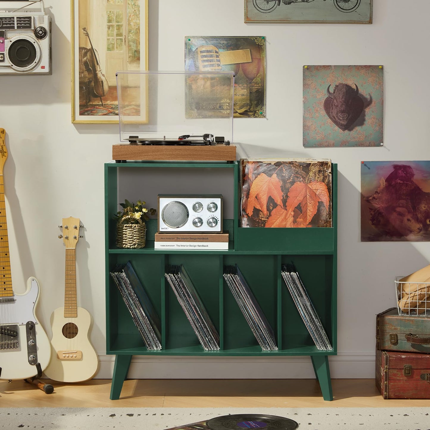 LELELINKY Large Record Stand With Storage and Shelf - Vinyl Holder With Presentation Surface for Up to 300 Albums - Music Room and Living Room