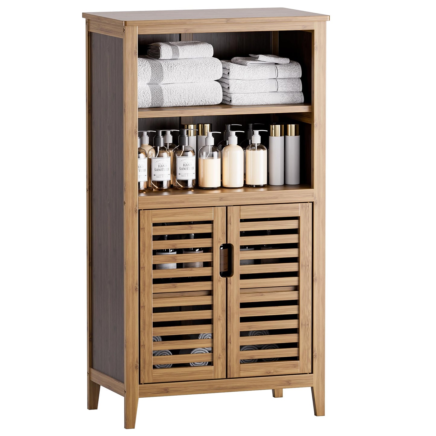 HITNET Bathroom Storage Cabinet, Floor Standing Utility Kitchen Cupboard Unit with Doors and 2 Movable Shelves, Side Storage Organizer Bamboo, Walnut