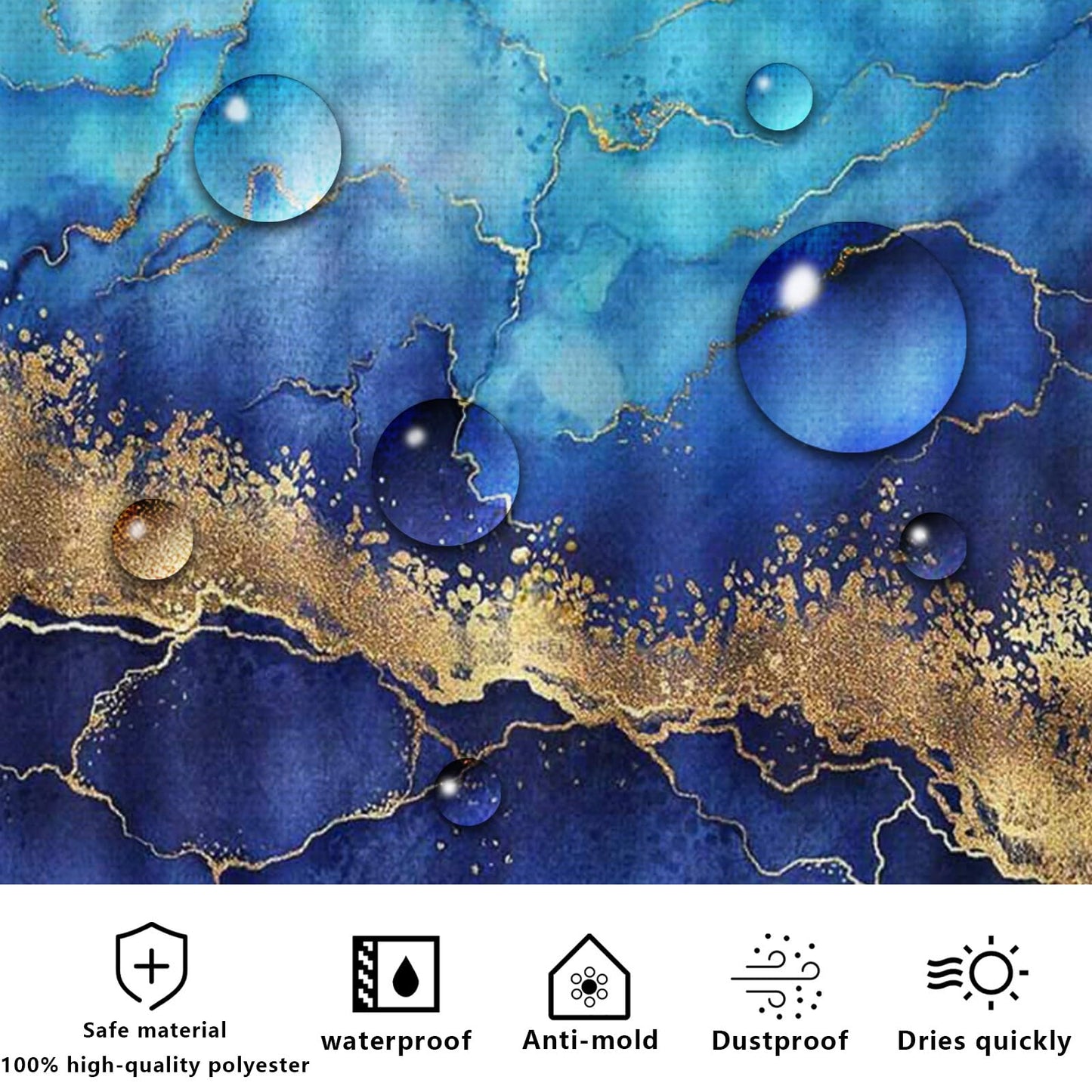 FAIRYGATE Blue Shower Curtain Marble Shower Curtains Dark Blue Effect Bath Curtain Mildew and Mould Resistant Waterproof Polyester Fabric Washable