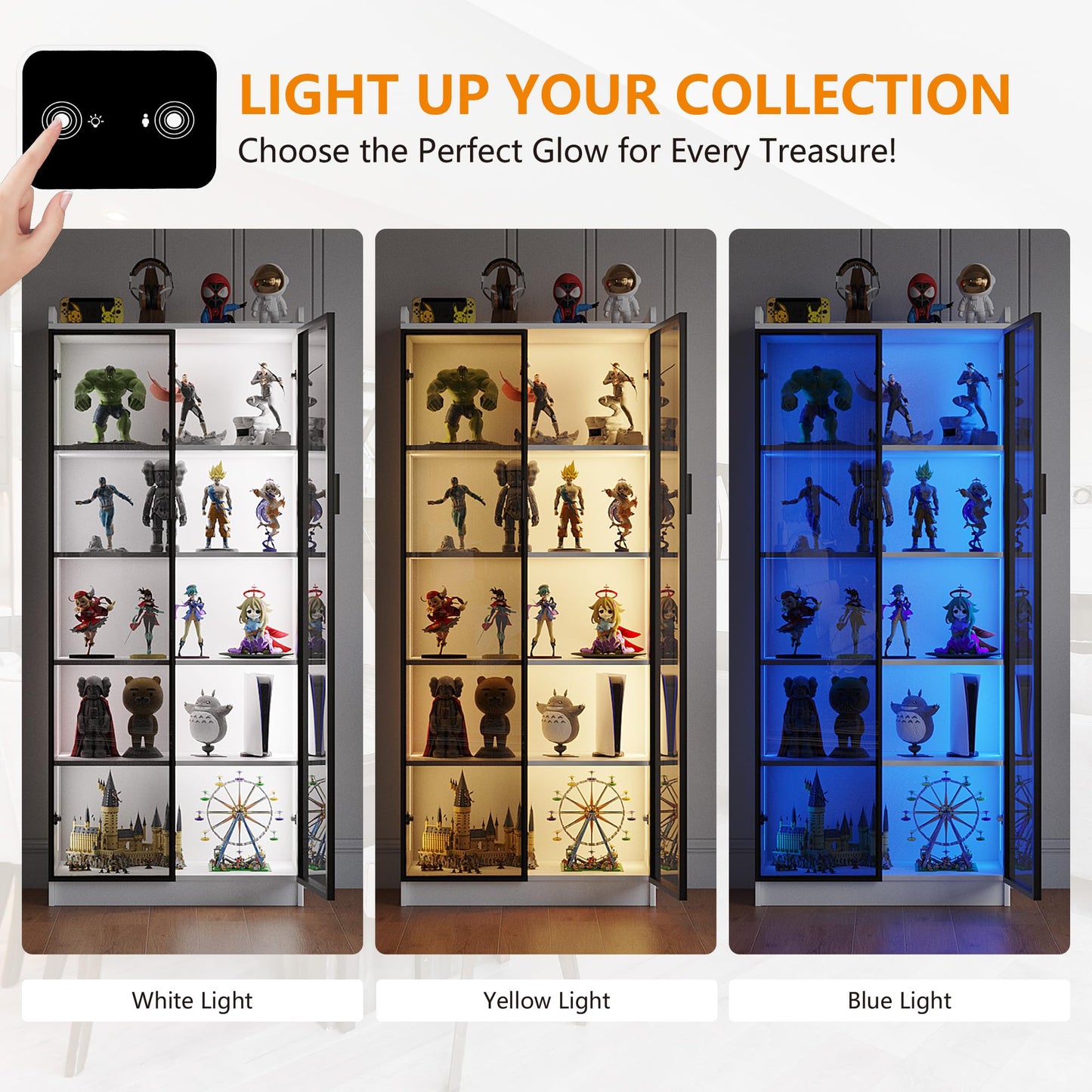 FREDEES LED Display Cabinet with 2 Doors and Adjustable Shelf, 165CM, White