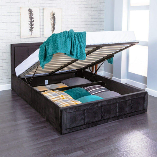 Lune Beds 6FT Superking Size Modern Gia Ottoman Gas Lift Storage Premium Fabric Bed - Plush Black