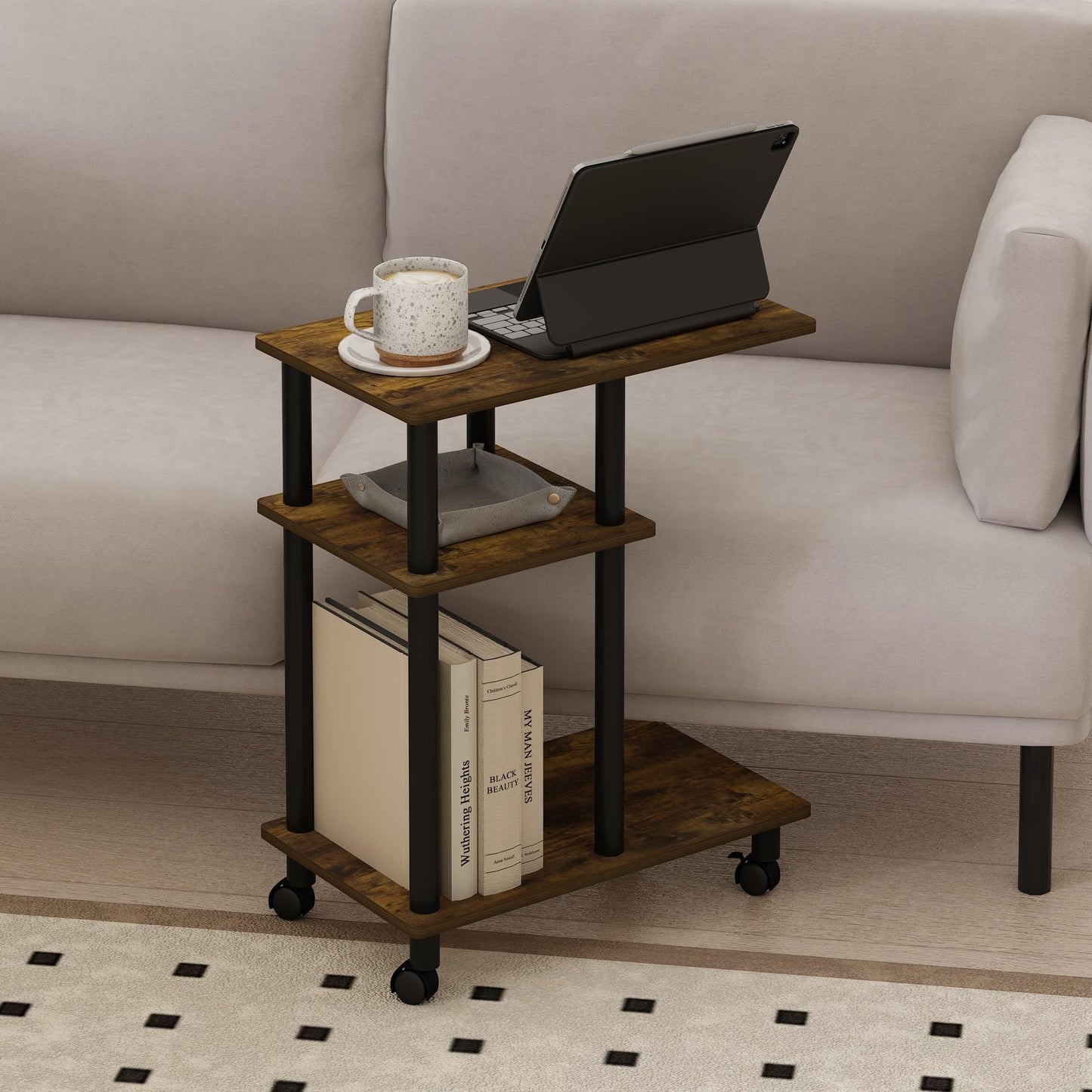 Furinno TOMI Side Table, 3-Tier C-Shape Open Shelf End Table with Wheels, Night Stand, Bedside Table, Toolless Assembly, for Living Room, Bedroom