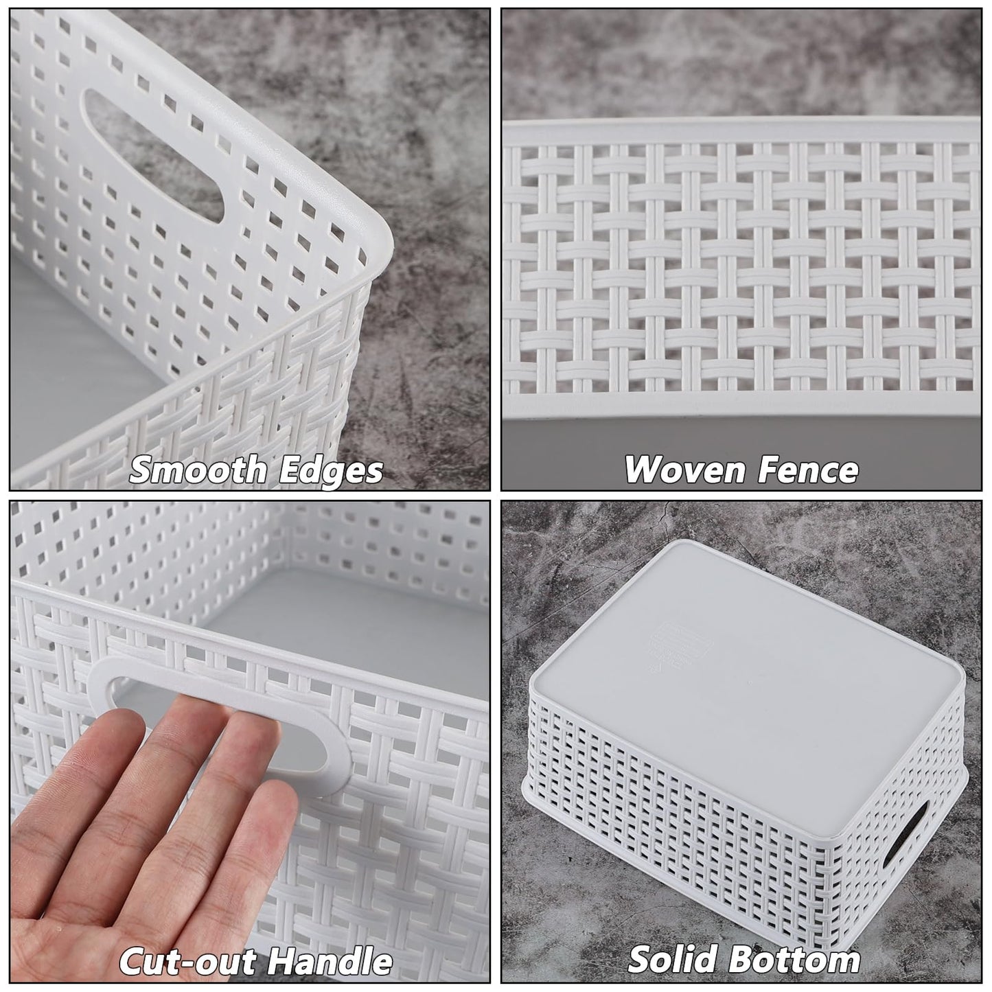 Yuright 4 Pack Plastic Woven Storage Baskets for Desktop Shelf, Light Gray