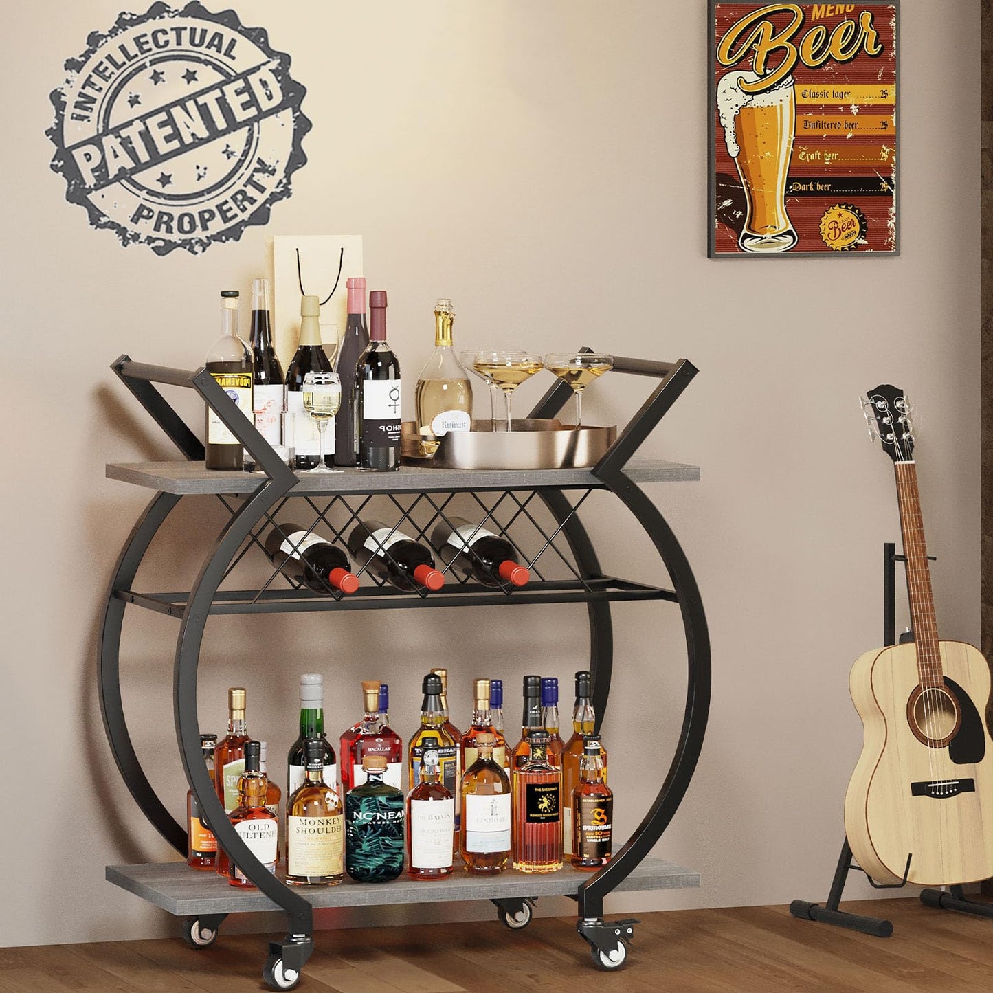 LVB Drinks Trolley on Wheels, Bar Cart with Wine Rack, Kitchen Coffee Cart, Industrial Wood and Metal Liquor Wine Cart for Home
