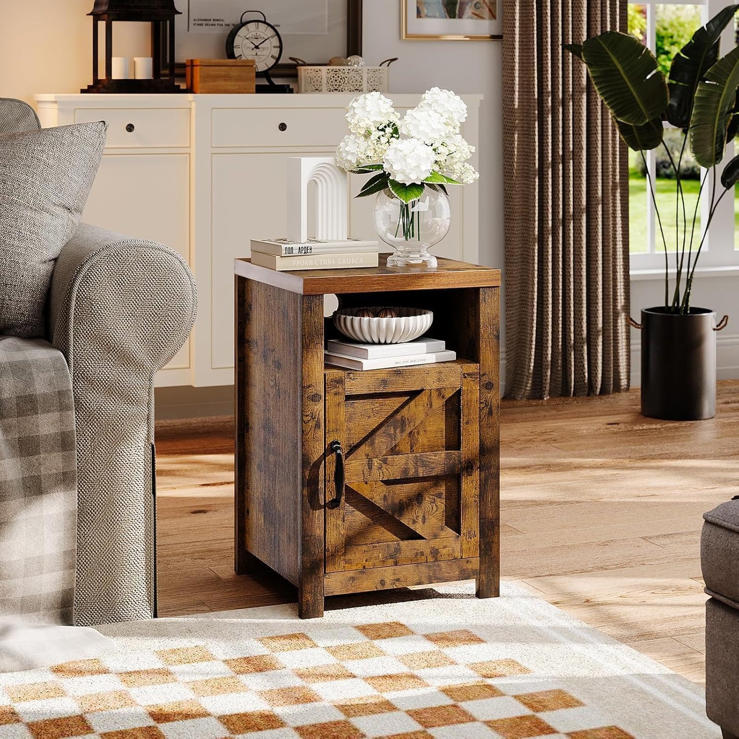 oneinmil Bedside Table with Charging Station, Farmhouse Sofa Side Table Set of 2 with Storage Cabinet, Bed Side End Table with USB