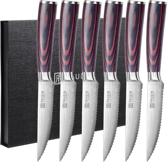 PAUDIN Steak Knives Set of 6, Kitchen Steak Knife 4.5 Inch, High Carbon Stainless Steel Steak Knives, Serrated Steak Knife with Pakkawood Handle,