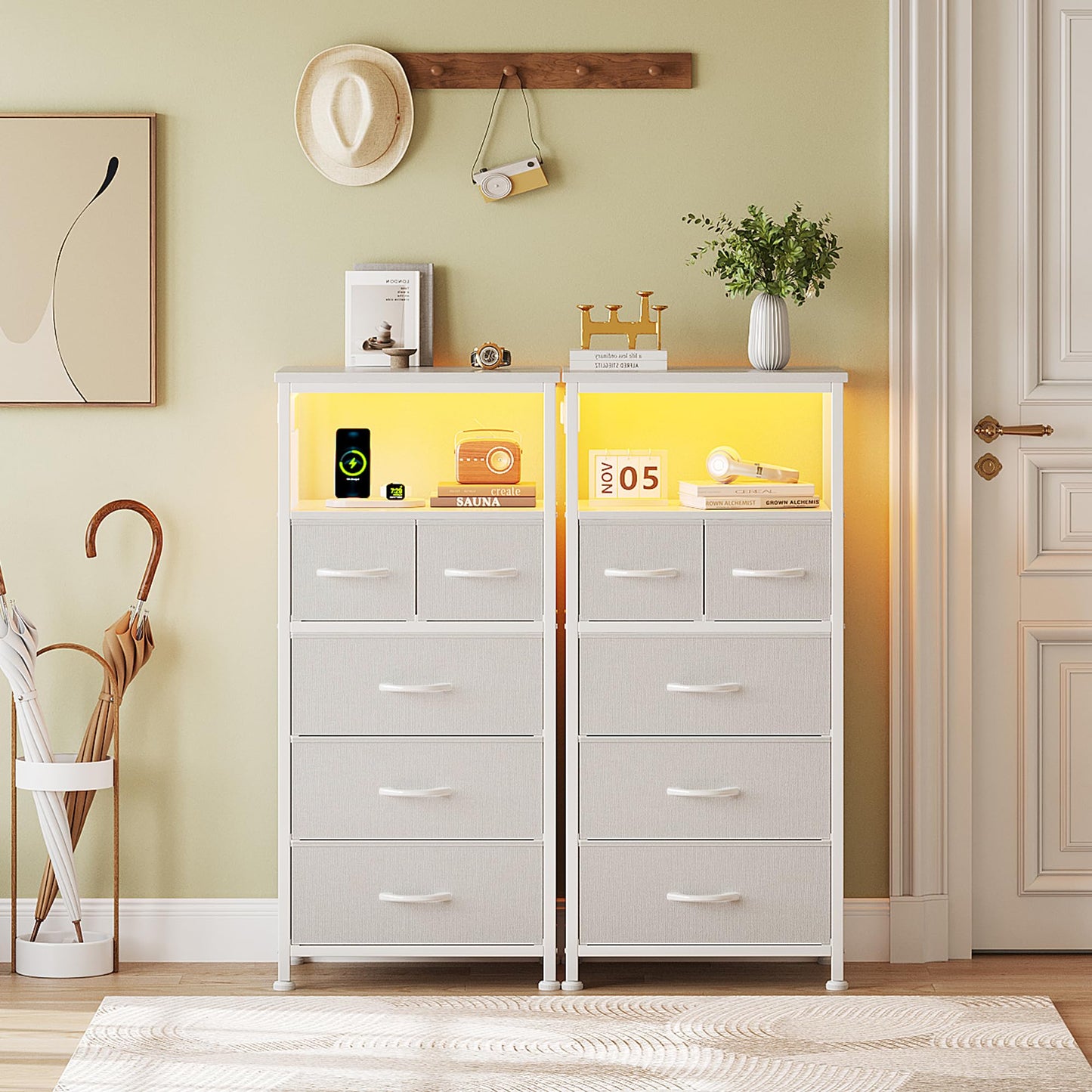 Flrrtenv Bedside Table with LED Light and Charging Station, Bedside Cabinet with 5 Fabric Drawers and Shelf, End Table with Plug for Bedroom