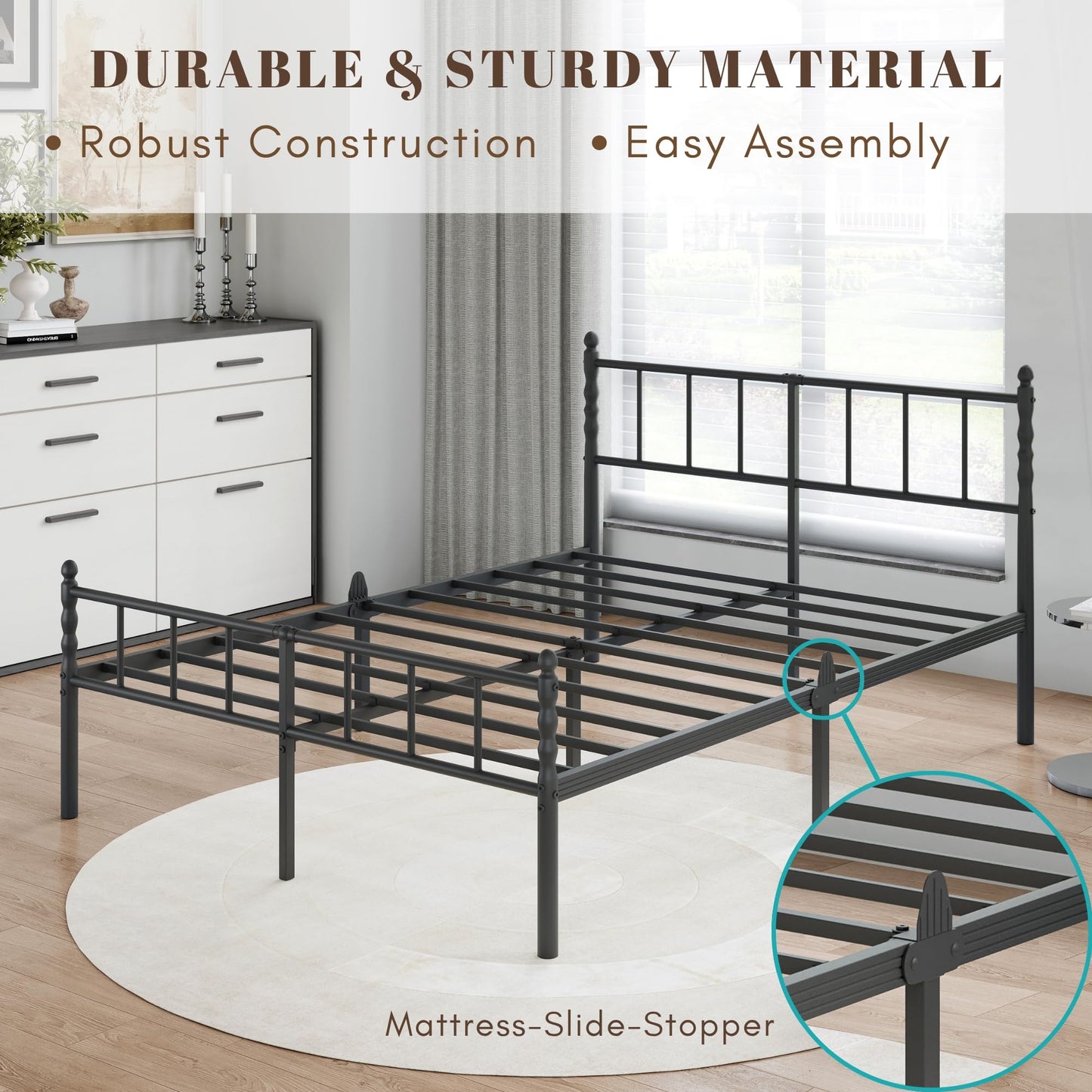 Hunlostten King Metal Bed Frame - Modern Style Bed Frame with Headboard and Footboard Easy to Install, Noise Free, Sturdy, Black, 35.5 cm High