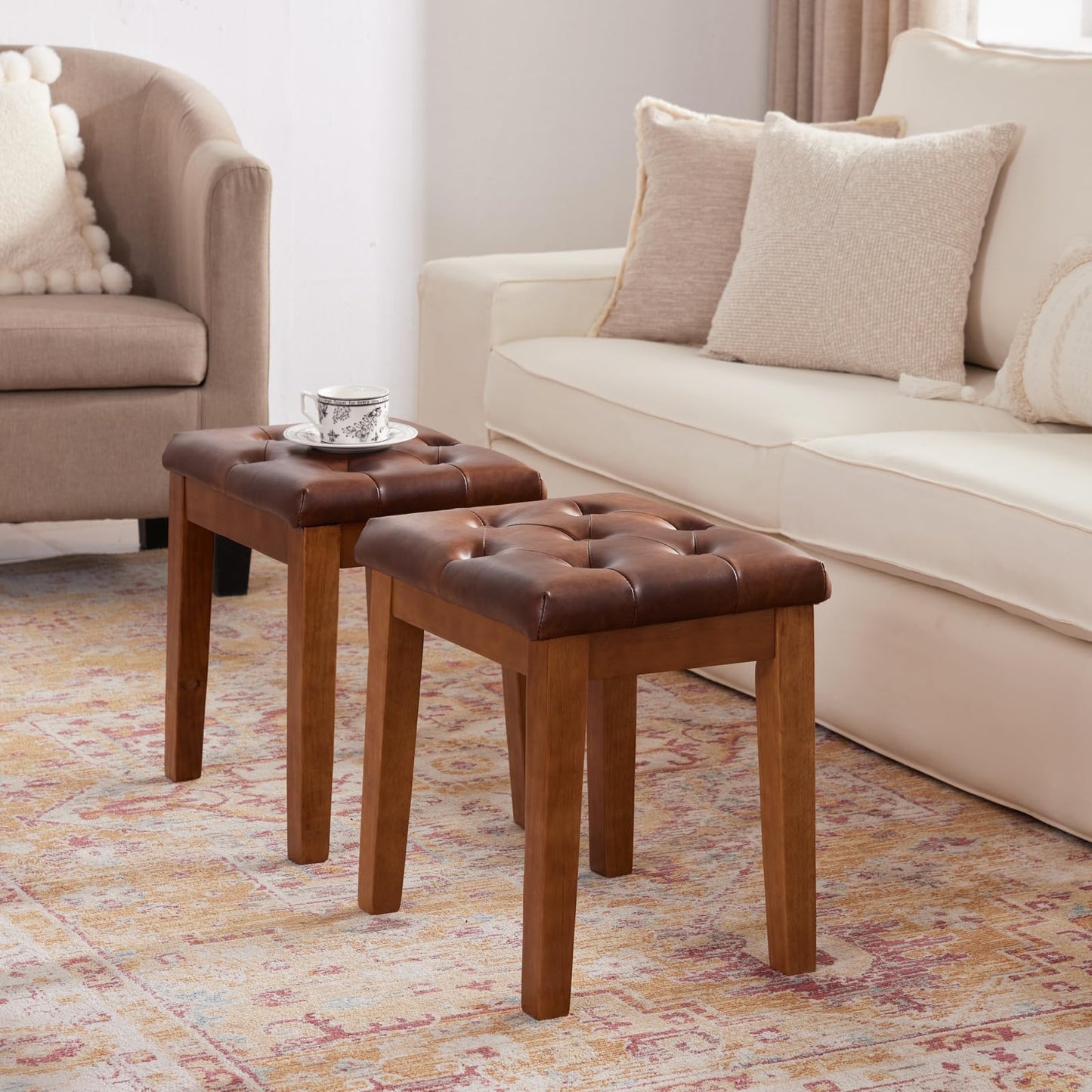 MILCIL Upholstered Ottoman Stool with Padded Seat, Tufted Vanity Stool with Solid Wood Legs, Accent Stool, Faux Leather Retro Brown