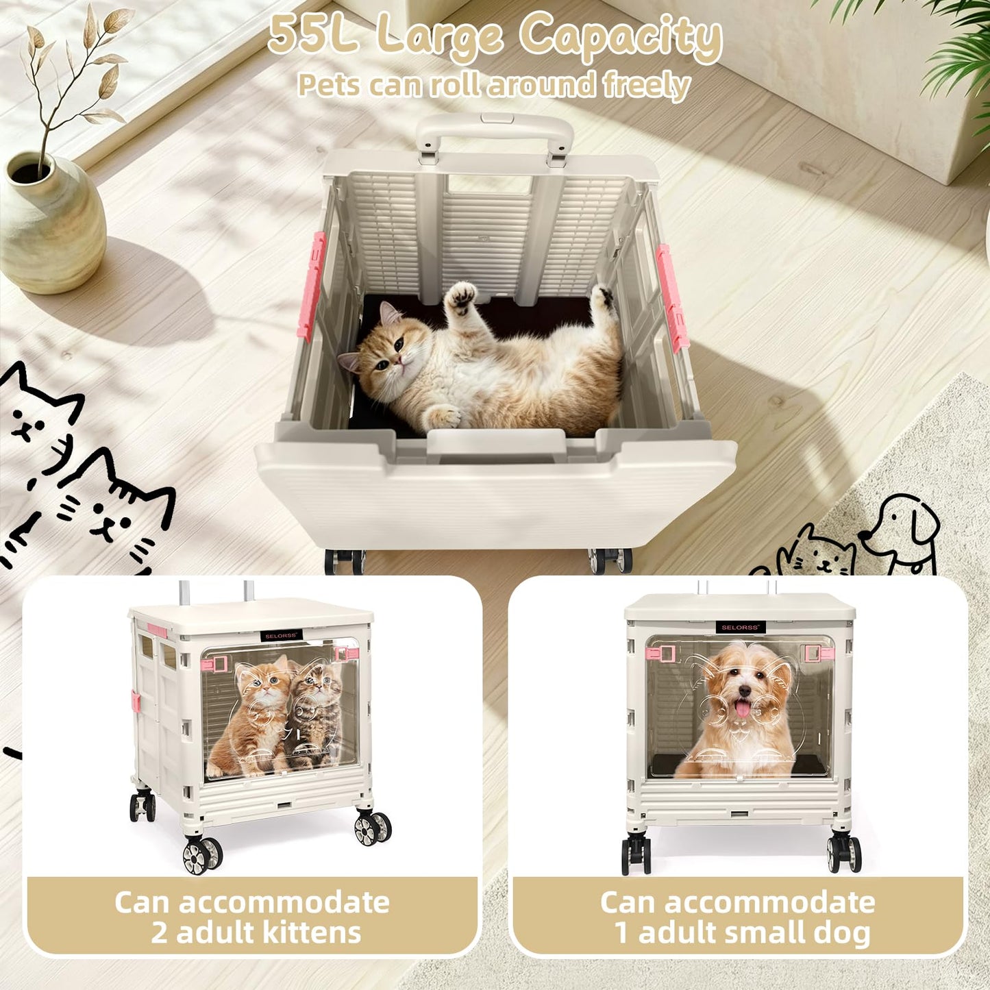 LexonElec x SELORSS BY16 Foldable Shopping Trolley on Wheels, Transparent Window Pet Stroller, Portable Wagons Carts