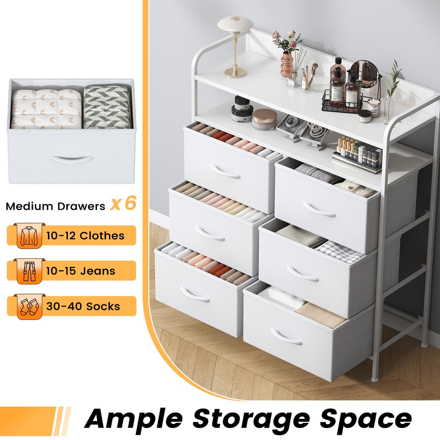 Feonase 6 Drawer Fabric Chest Of Drawers, Double Wooden Top Fabric Storage Tower - Sturdy Steel Frame Dresser for Bedroom/Living Room/Baby Room