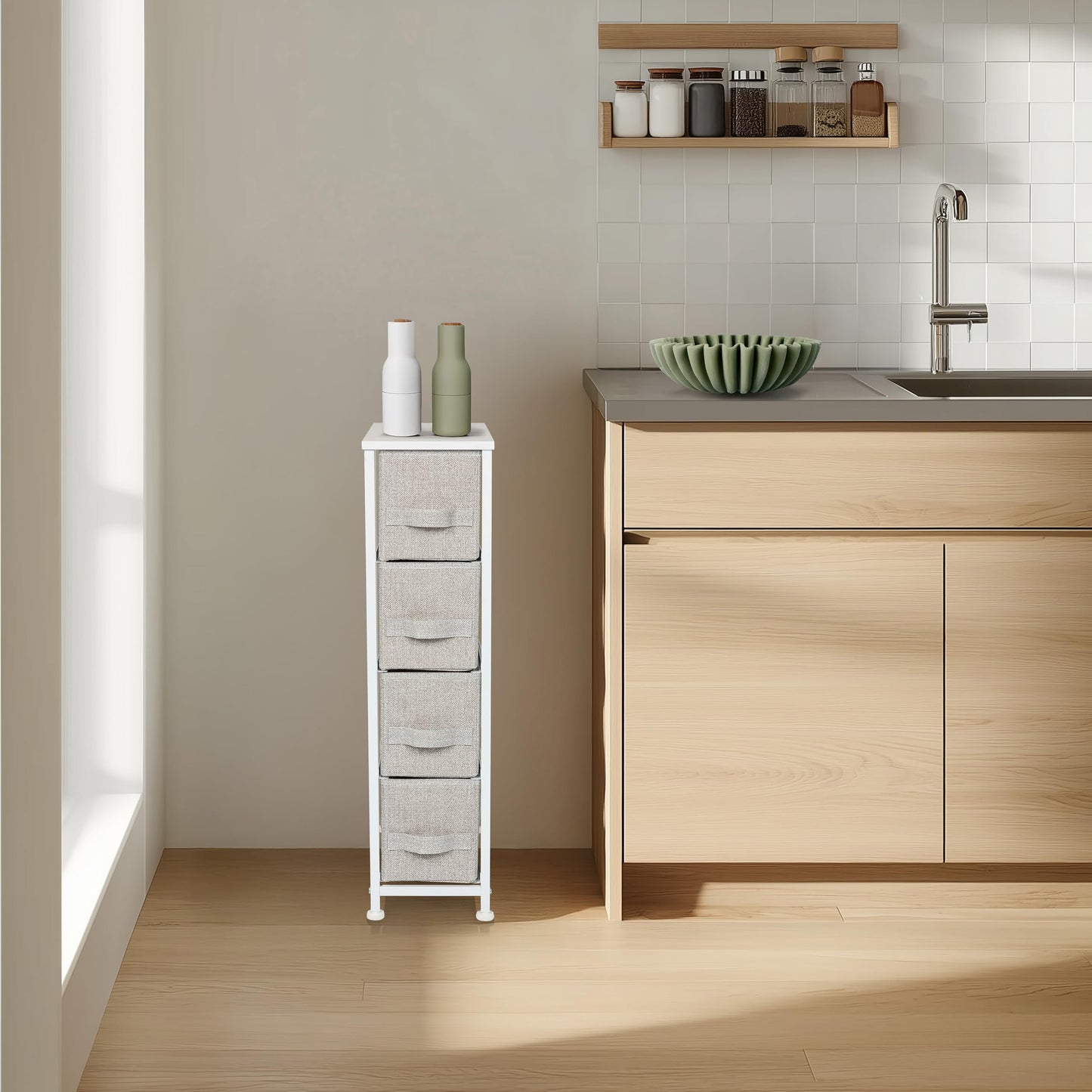 hjh LIVING Chest of drawers with 4 fabric drawers FOLDRESS S 20x48x76 cm Chest of drawers organizer, height-adjustable foot glides, metal frame, grey