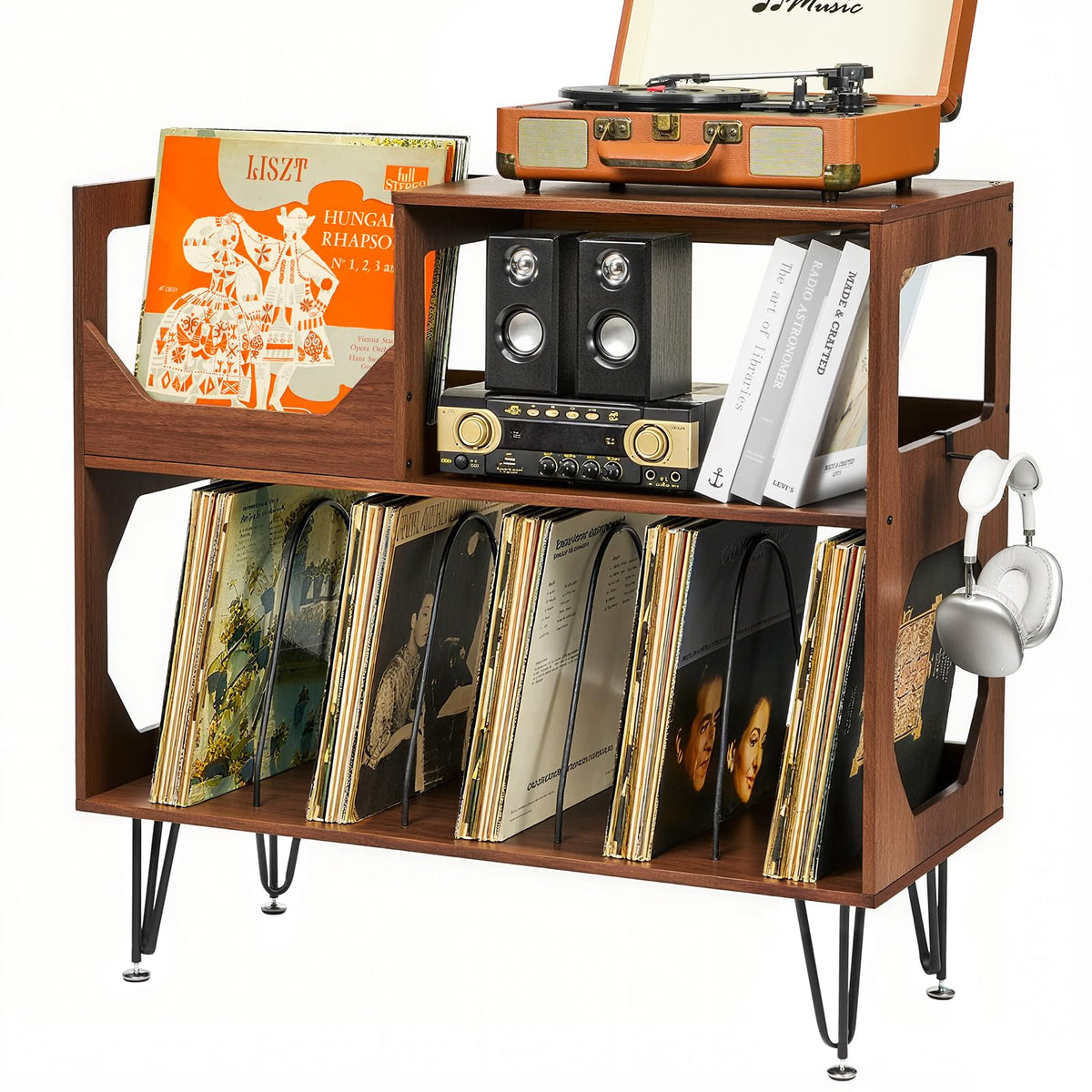 ikkle Large Rustic Record Player Stand, 2 Tier Record Player Table with Vinyl Record Storage, Vinyl Storage Cabinet with Metal Legs