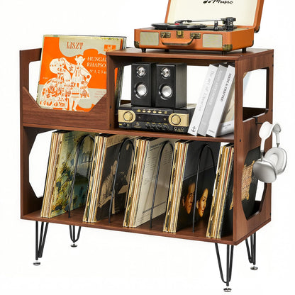ikkle Large Rustic Record Player Stand, 2 Tier Record Player Table with Vinyl Record Storage, Vinyl Storage Cabinet with Metal Legs