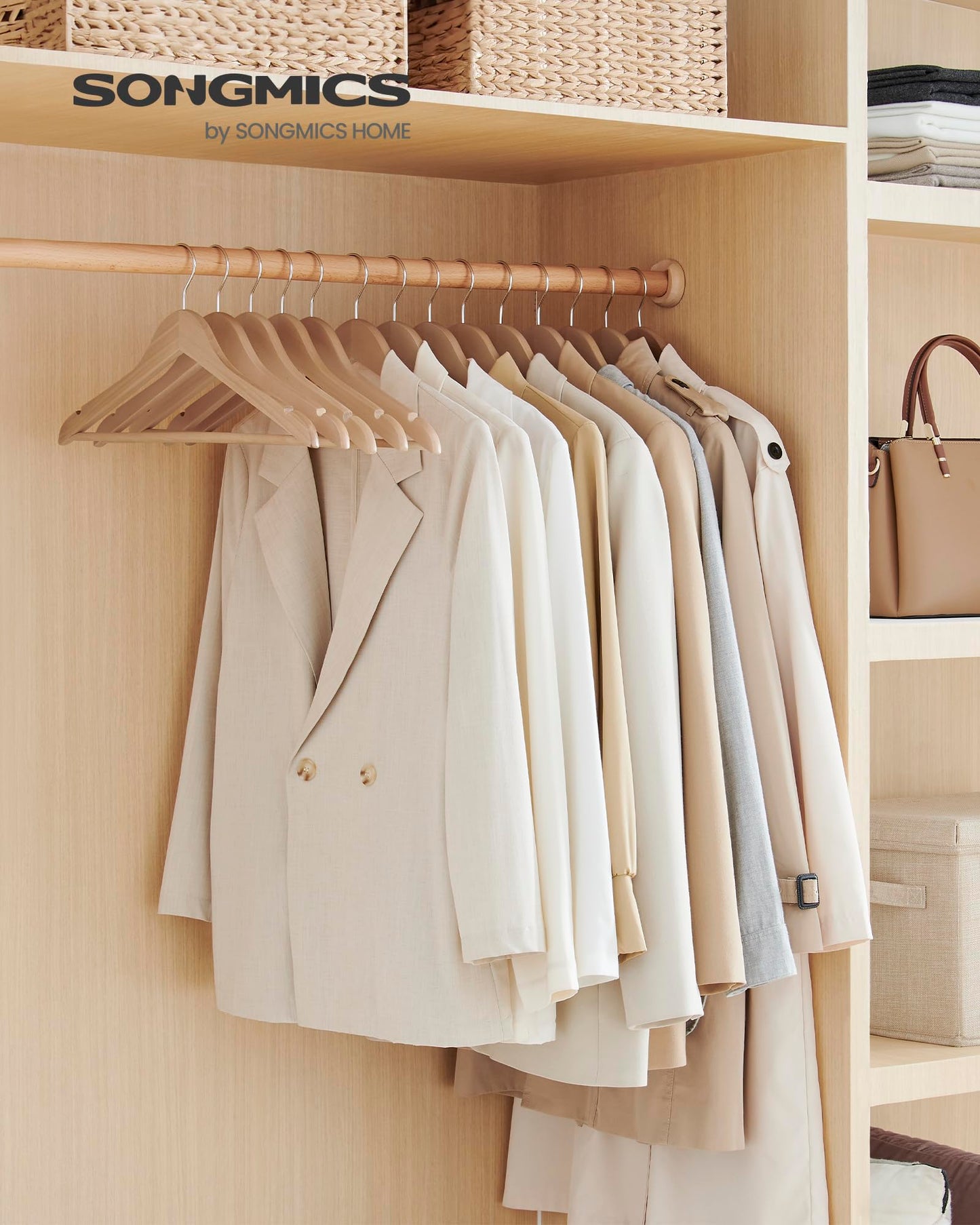 SONGMICS Wooden Hangers, Pack of 48, Coat Hangers, Non-Slip, Pants Bar, 360? Swivel Hooks, for Jackets, Shirts, Coats, Natural Beige CRW010N48