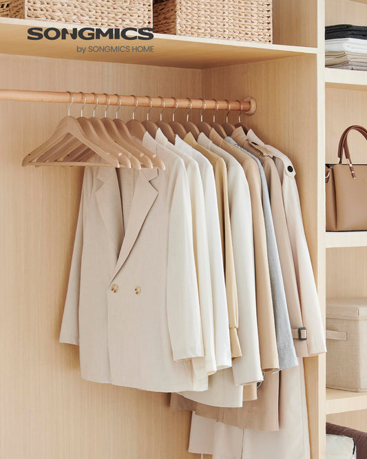 SONGMICS Wooden Hangers, Pack of 48, Coat Hangers, Non-Slip, Pants Bar, 360? Swivel Hooks, for Jackets, Shirts, Coats, Natural Beige CRW010N48