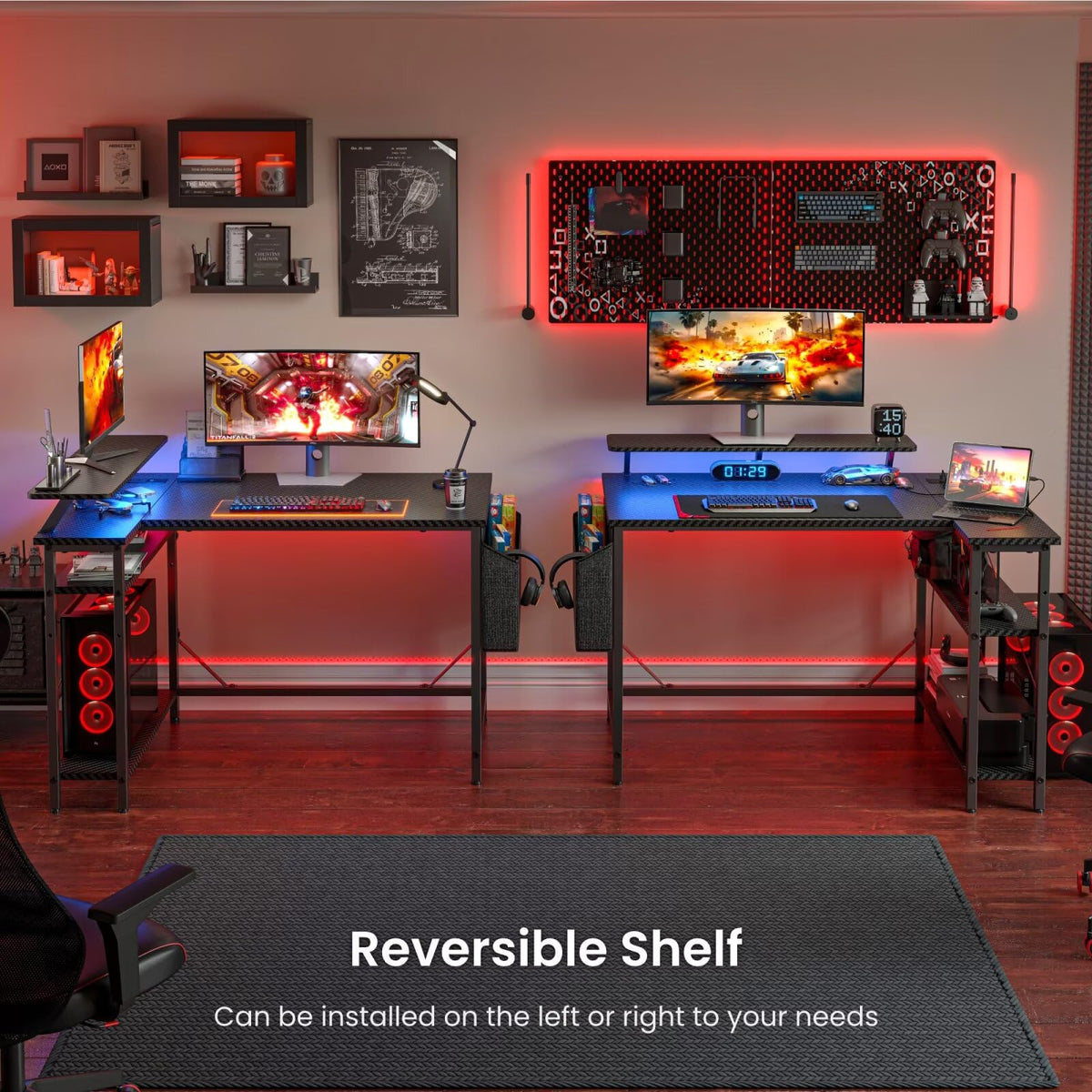 DOMSHOCT L Shaped Gaming Desk with LED Lights & Power Outlets, 120*80cm Corner Computer Table with Storage Bag & Adjustable Shelves & Large Monitor