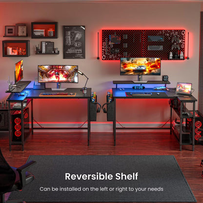 DOMSHOCT L Shaped Gaming Desk with LED Lights & Power Outlets, 120*80cm Corner Computer Table with Storage Bag & Adjustable Shelves & Large Monitor