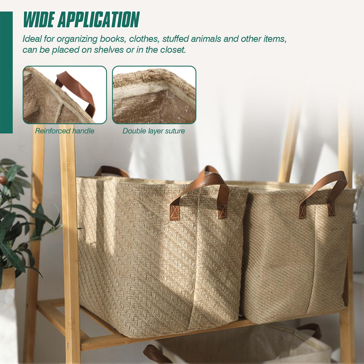 Spesh Jute Storage Basket with Handles, 38*27*28cm Collapsible Natural Woven Organiser Box Square Jute Storage Bin for Shelves Bathroom