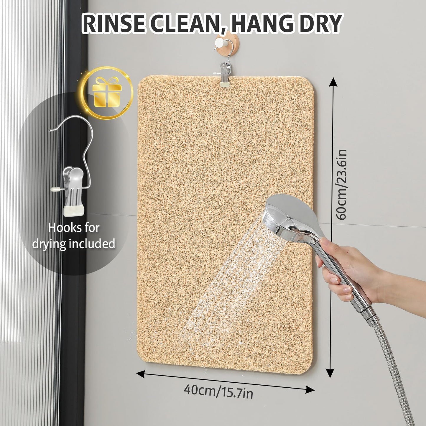 XIYUNTE Soft Shower Mat Non Slip Anti Mould 60 x 40 cm, INCL. Hooks for Drying, PVC Bath Mat Non Slip Anti Mould