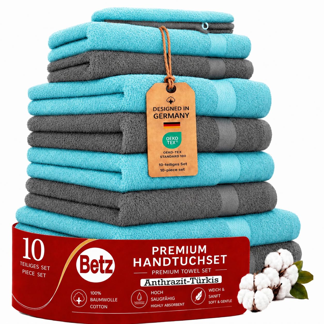 Betz 10 pcs. Towel set Premium 100% cotton 2 shower towels 4 hand towels 2 guest towels 2 washing gloves, color turquoise & anthracite gray