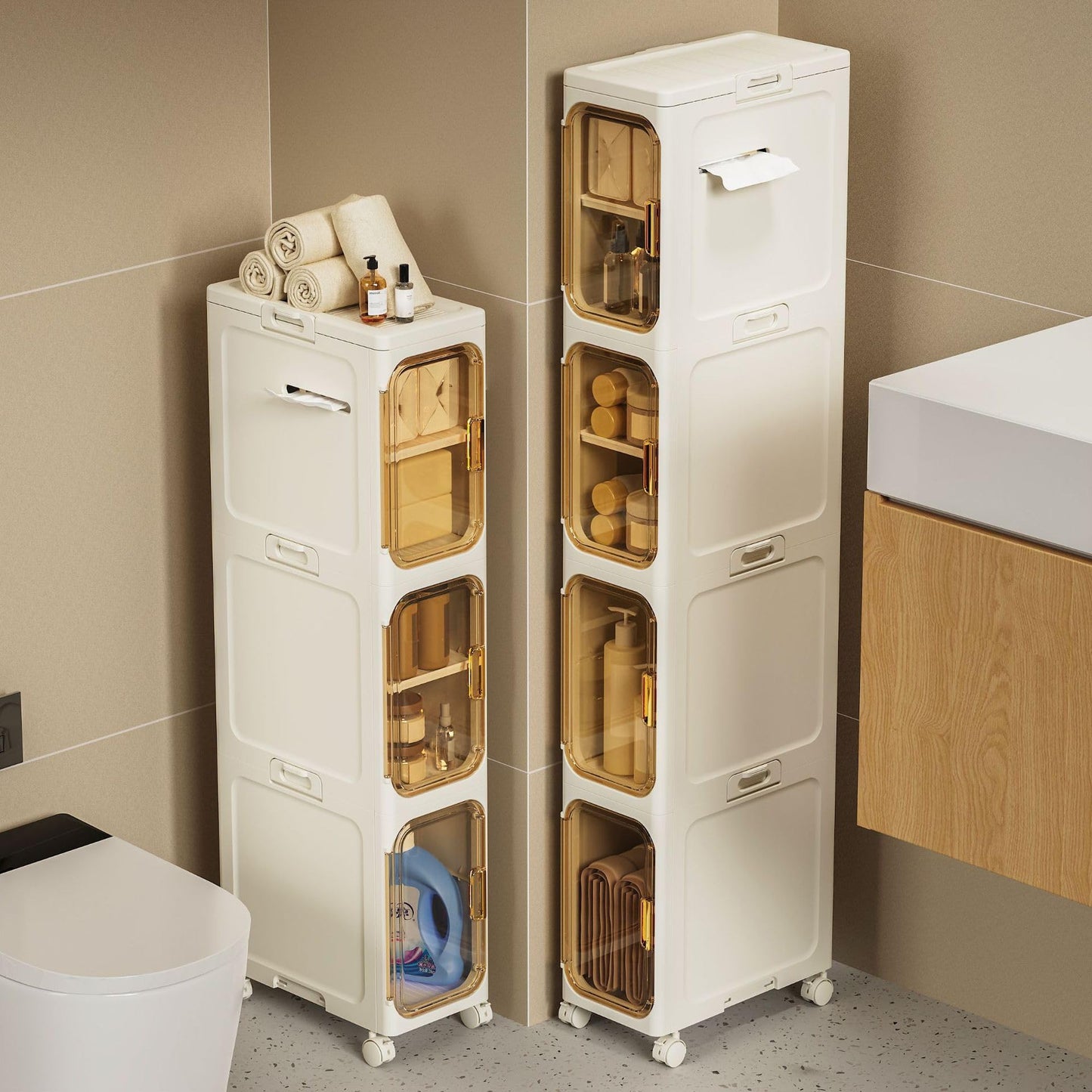 LSLANSOON Slim Bathroom Storage Cabinet, Narrow Foldable and Mobile Organizer for Small Spaces, Bathroom, Kitchen, Laundry Room, Living Room (2 Layer)