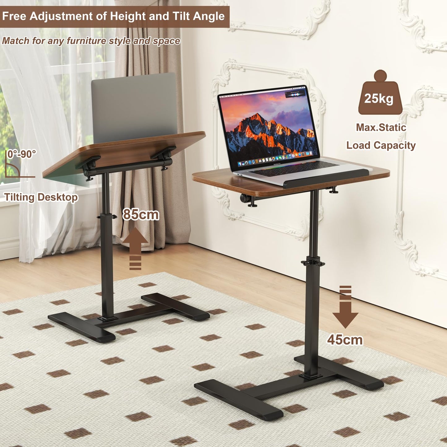 Adjustable Height C Shaped Side Table,360°Swivel Overbed Table,Top Tilting Laptop Stand Tray Tables with Wheels,Mobile Couch End Tables that Slide