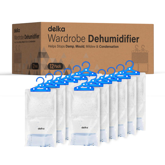 Delka 12 Pack Wardrobe Dehumidifier Hanging Bags, Trap Condensation, Moisture Absorber, Prevents Damp, Mould 210g each Leak-Proof Bag, Dehumidifier