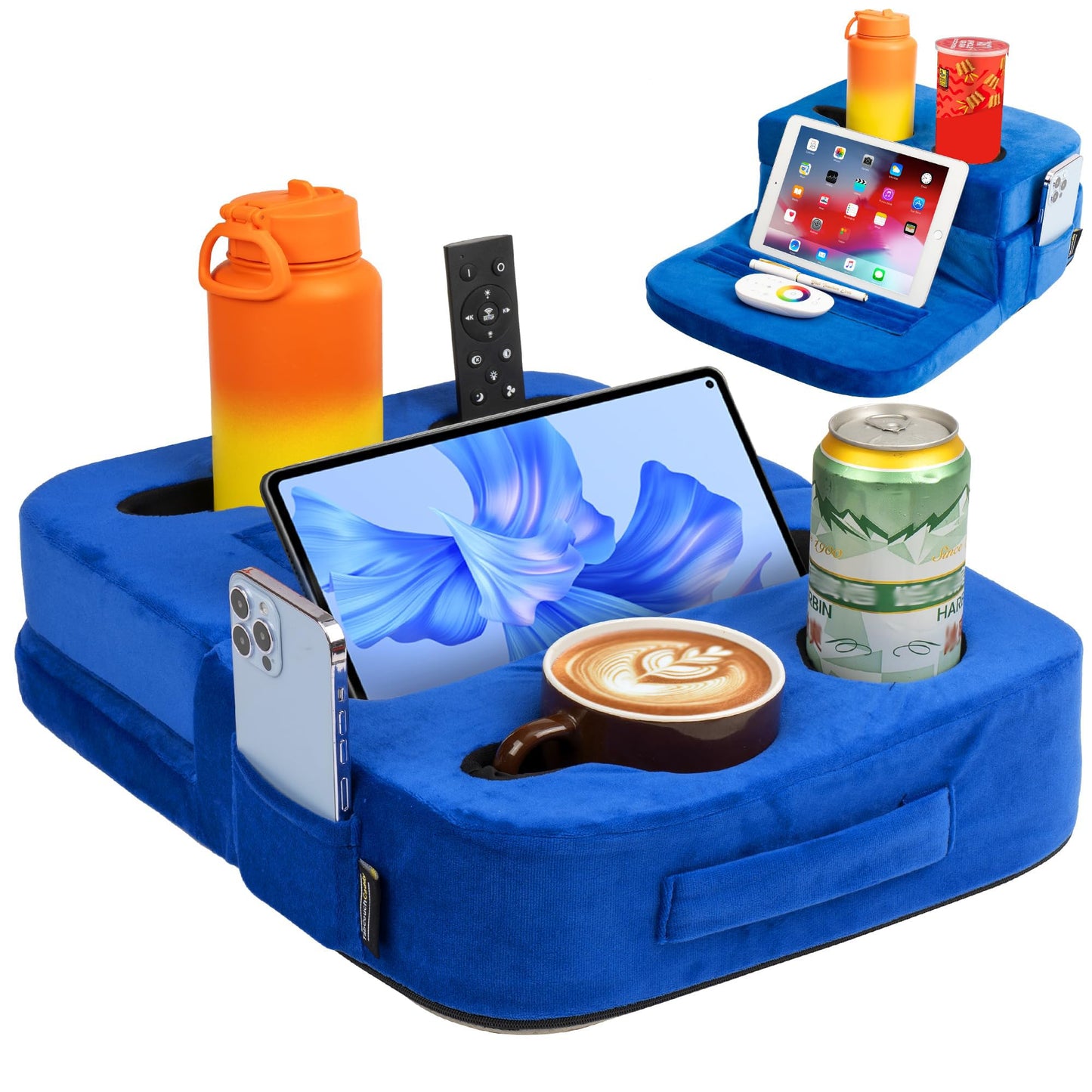 TabCouchCaddy - Couch Cup Holder Tray Pillow - Bed, Couch Caddy, Sofa, RV & Car - Holds Drinks, Snacks, Remotes, Phones, Kindle, Tablet
