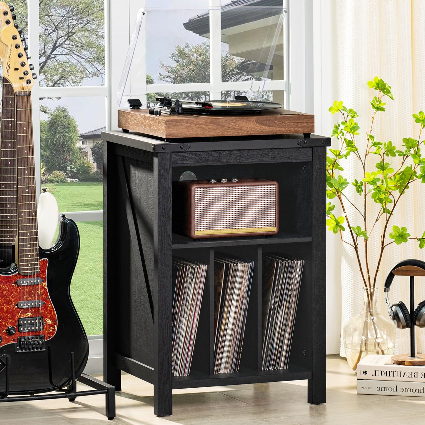 LELELINKY Record Player Stand with Vinyl Record Storage,Black