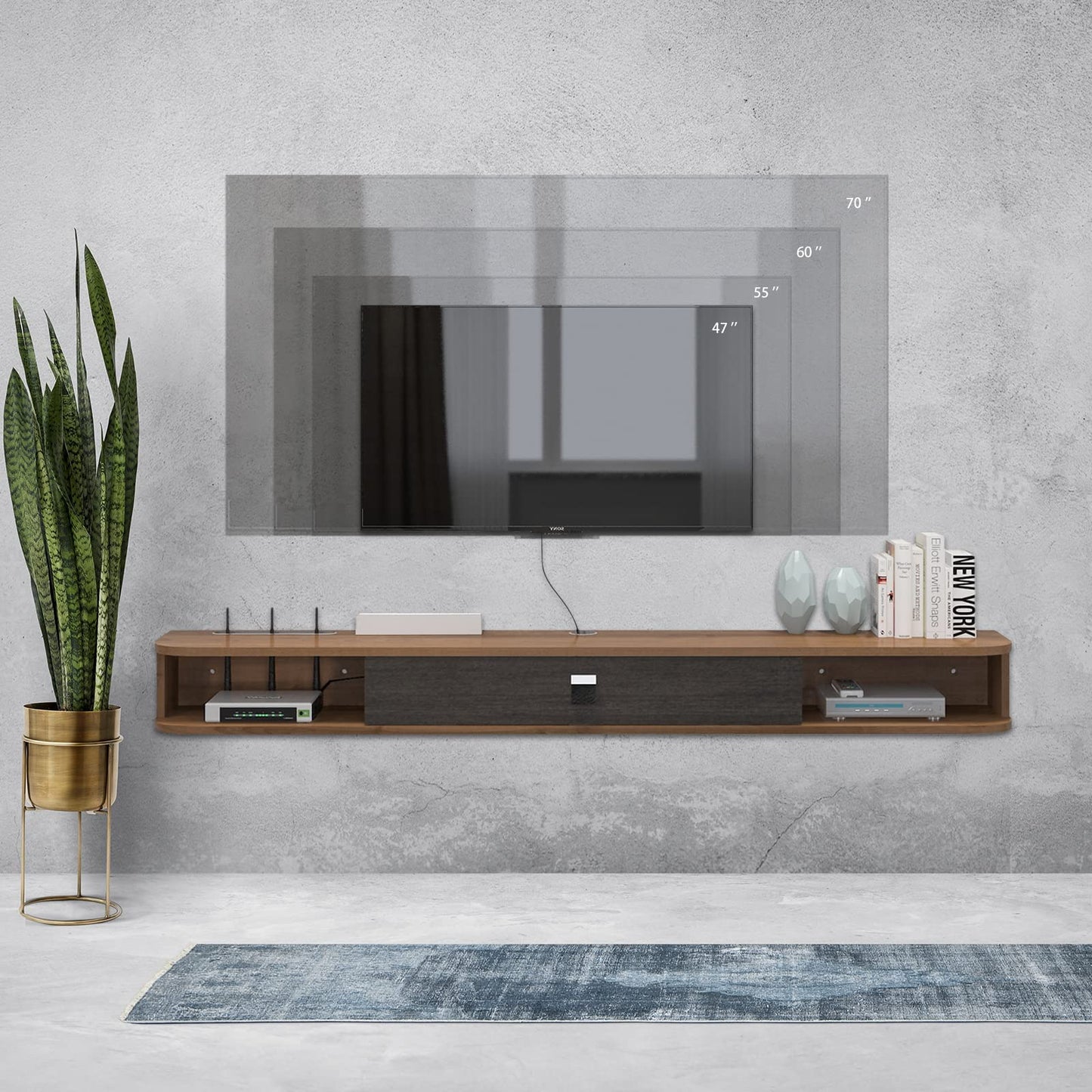 Pmnianhua Floating TV Unit, Wall Mounted TV Cabinet, Floating Shelves with Door, Modern Entertainment Media Console Center Large Storage TV Bench for