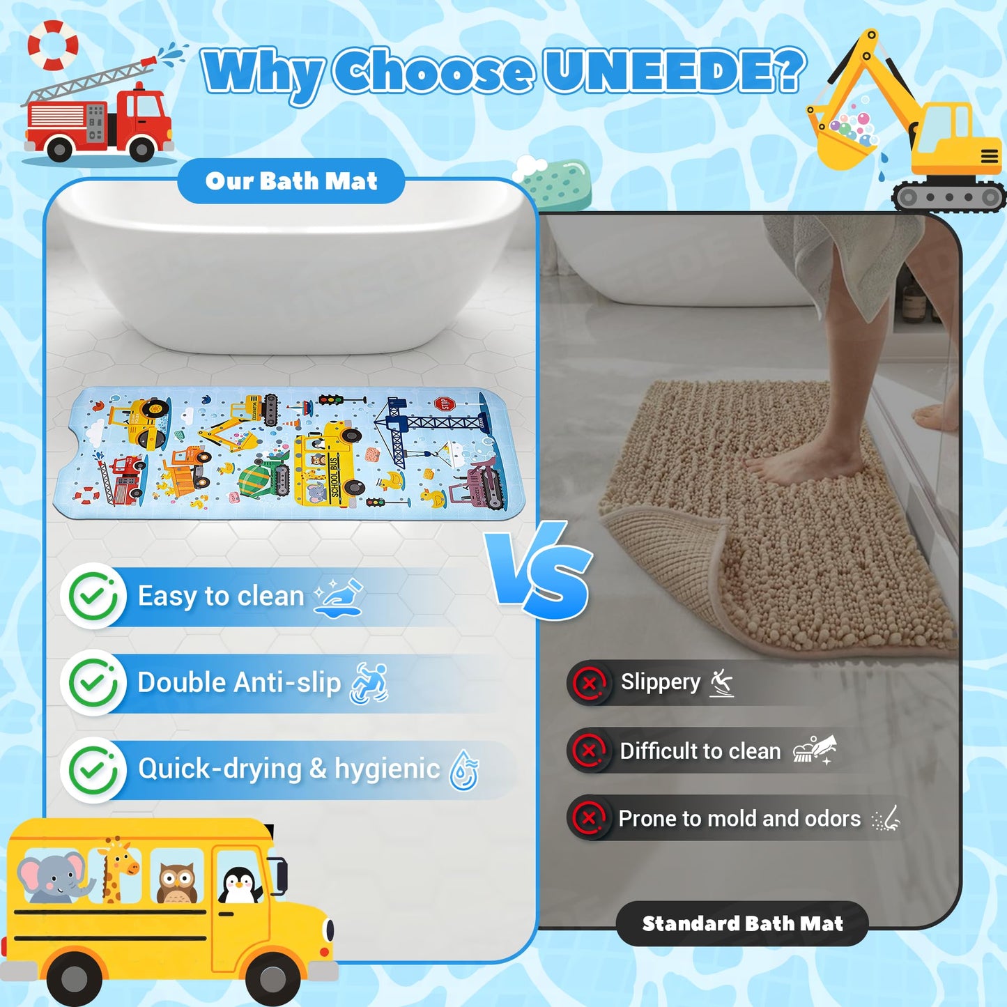 UNEEDE Baby Bath Mat Non Slip - 100x40cm