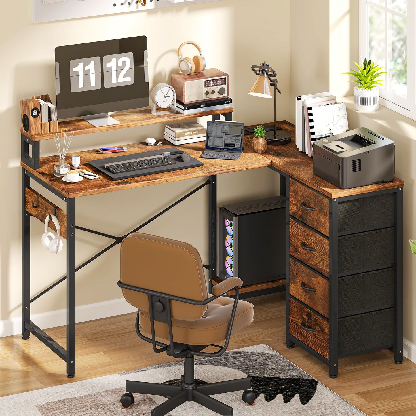 YITAHOME Computer Desk with Drawers L Shaped LED Power 130cm Vintage
