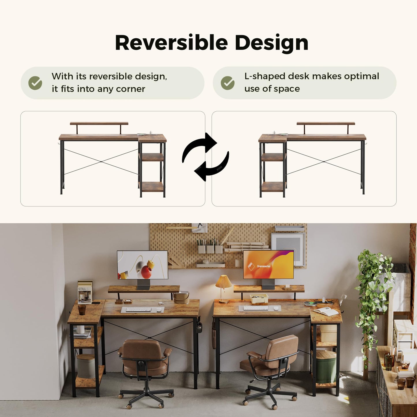 Mericonia Reversible Corner Desk, w. Led & Power Outlets, 140x70cm, Brown