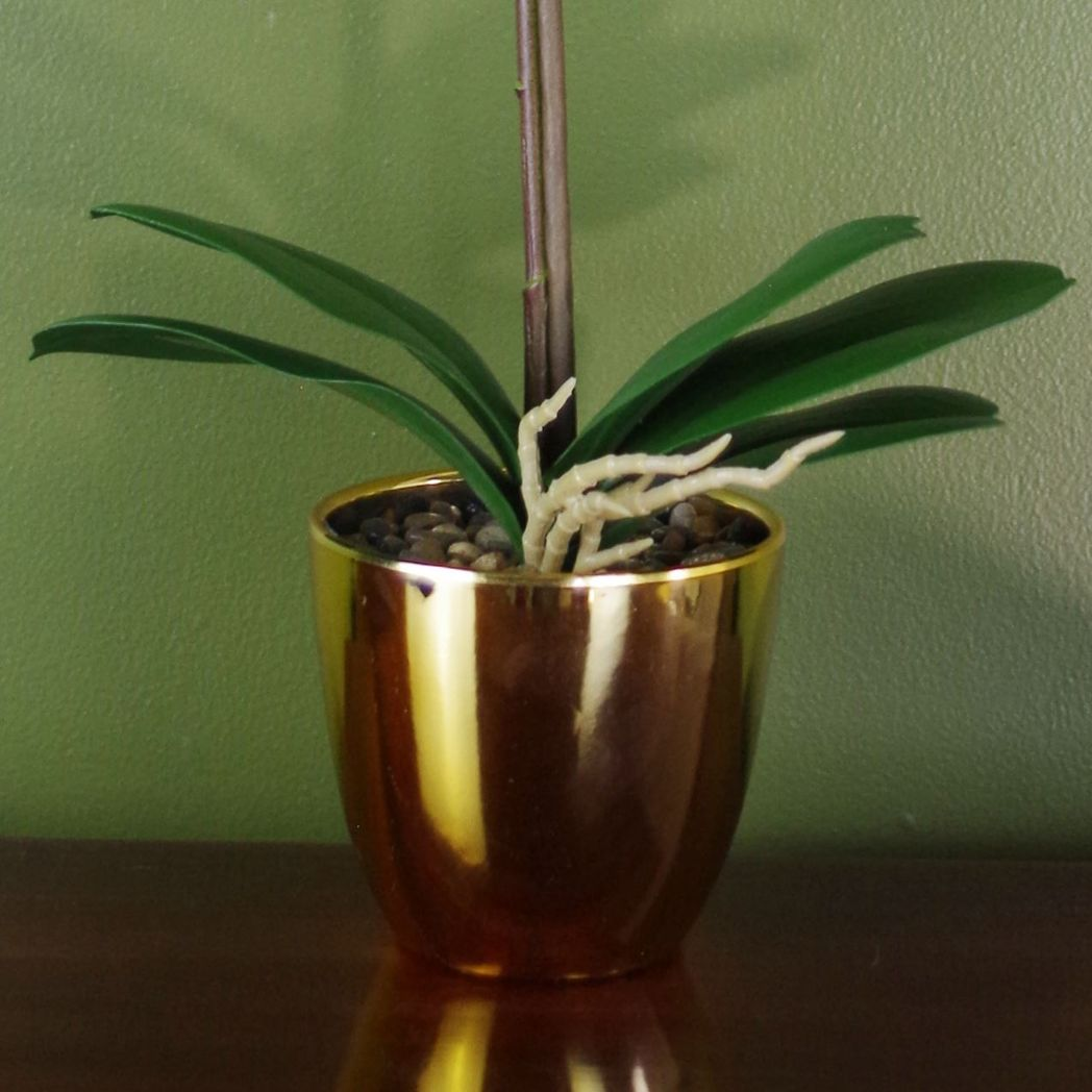 48cm Harlequin Orchid Artificial Pink with Gold Pot