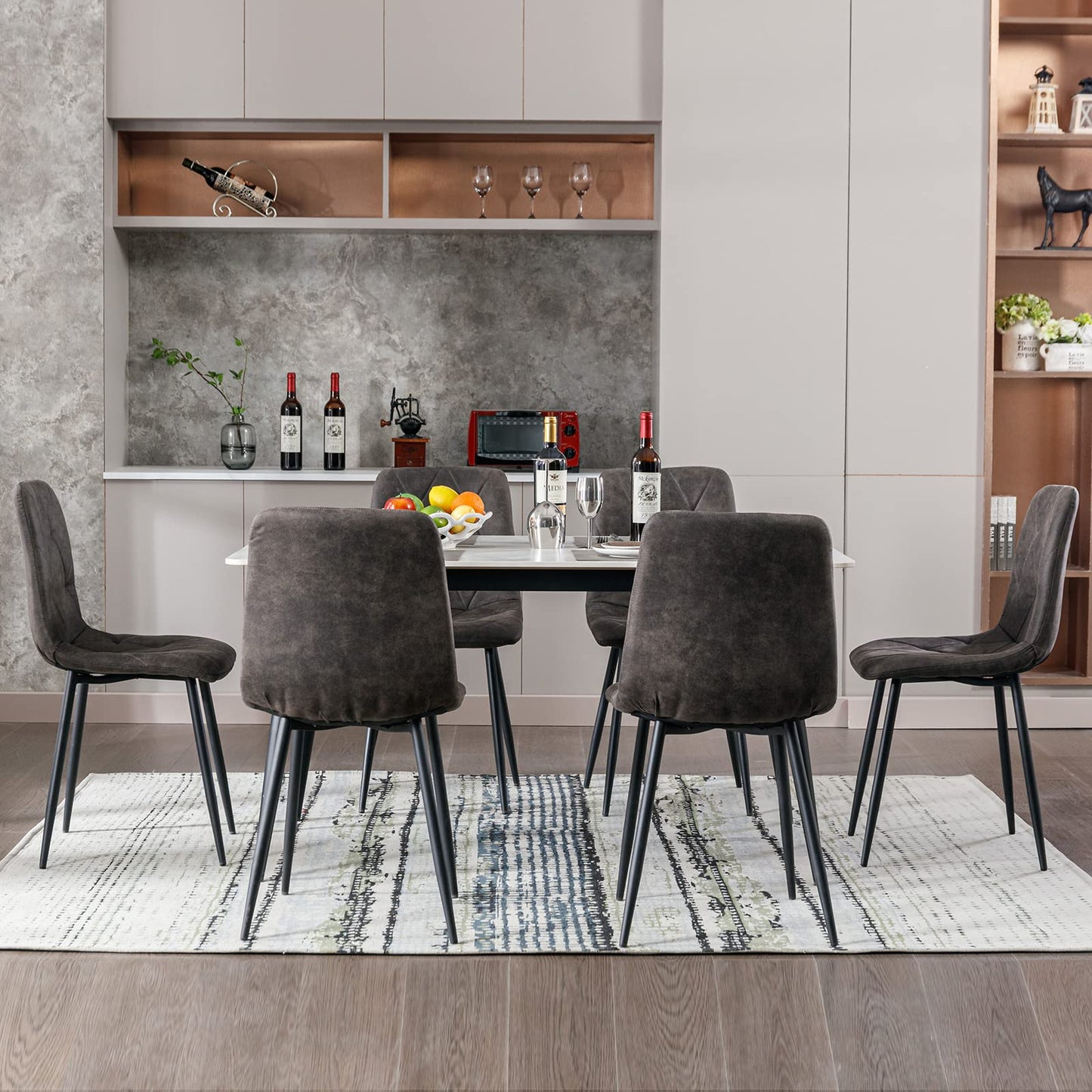 Artist Hand Set of 6 Dining Chairs for Dining Room Living Room, Vintage Faux Suede Dining Chairs with Backrest Upholstered Seat Solid Metal Legs, Gray