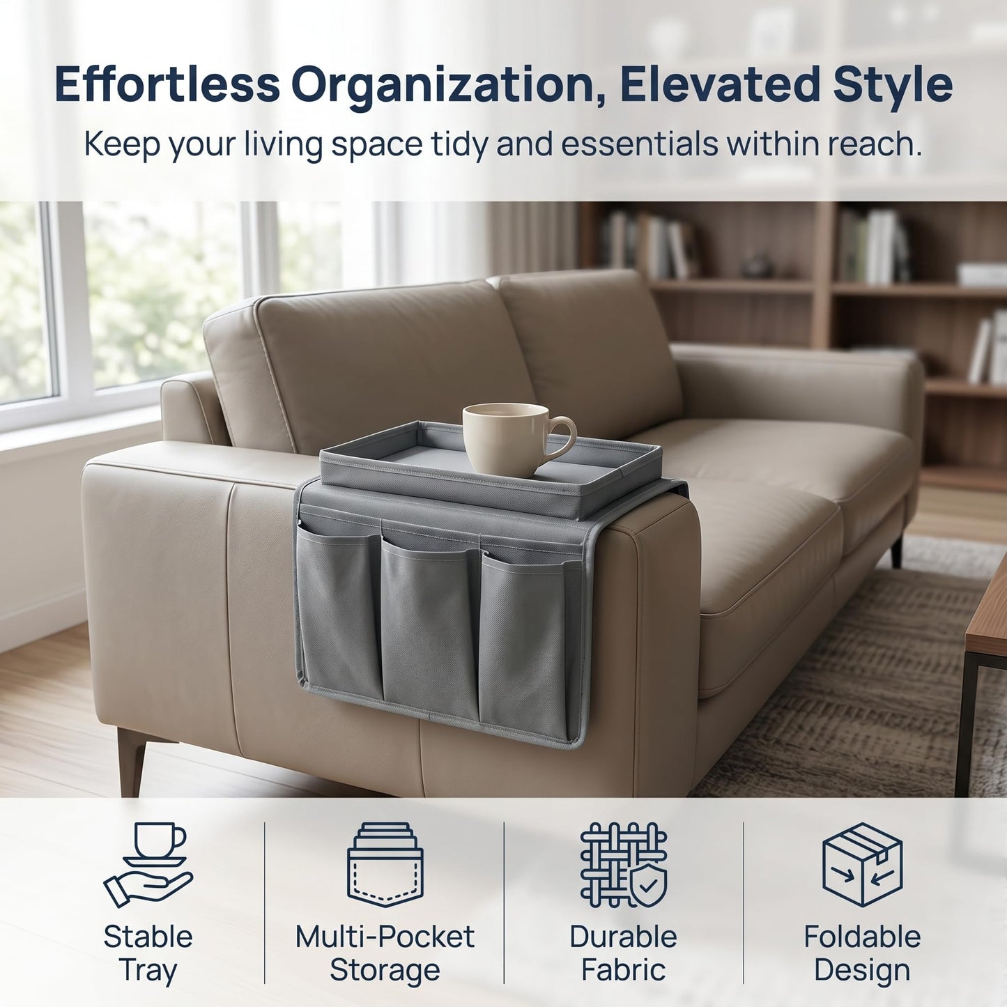 SIXHAOBU Sofa Armrest Organizer with Tray, Versatile Armchair Tray Waterproof Sofa Arm Chair Table Holder Non-Slip Armrest Organiser with 4 Bags for