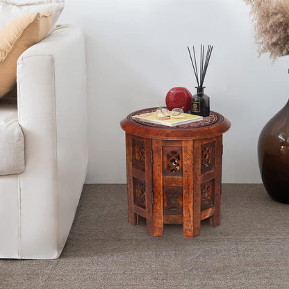 topfurnishing Beautiful Round Hand Carved Indian Shesham Wooden Coffee Table Side Mahogany,Small 12"x12"x12" 30.5cm