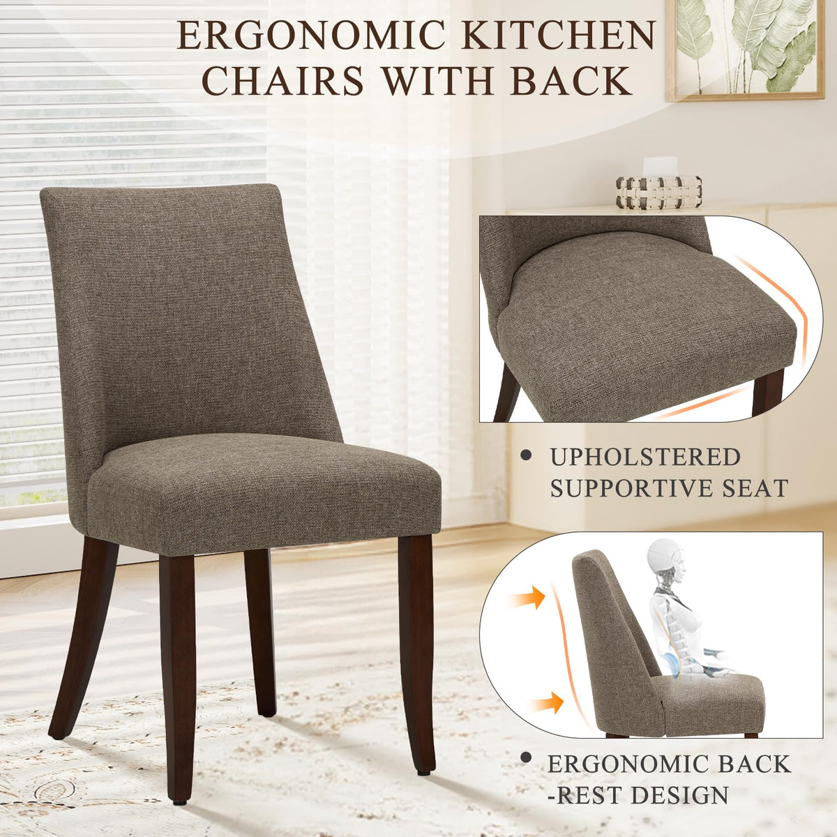 COLAMY Upholstered Dining Chairs Set of 2, Linen Fabric Parsons Dining Room Chairs with Curved Backrest, Solid Rubber Wood Legs