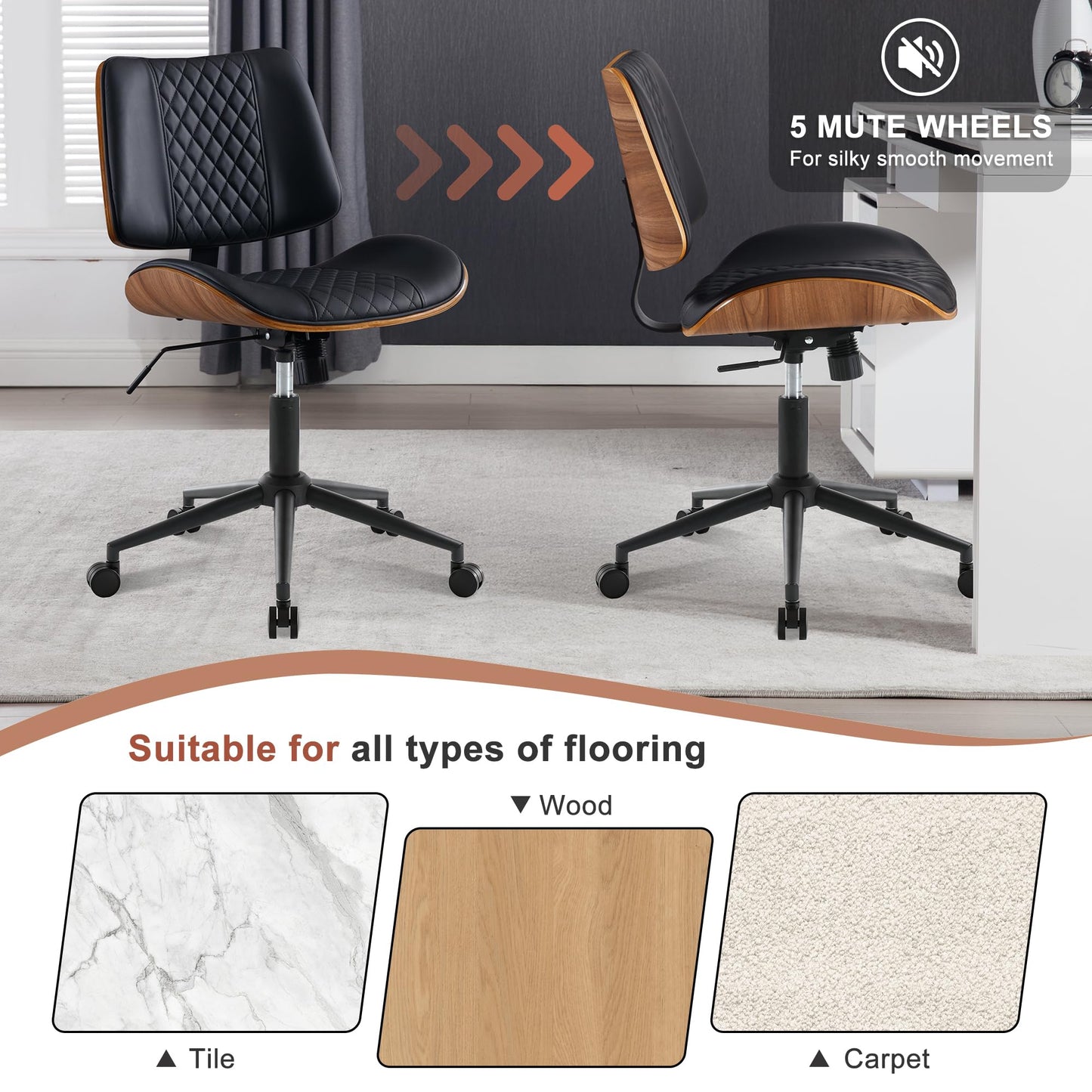 BERYTH Armless Desk Chair with Wheels Boucle Home Office Chair 360° Swivel Adjustable Height PU Leather Max. 136kg Mid Back Modern Bentwood Walnut