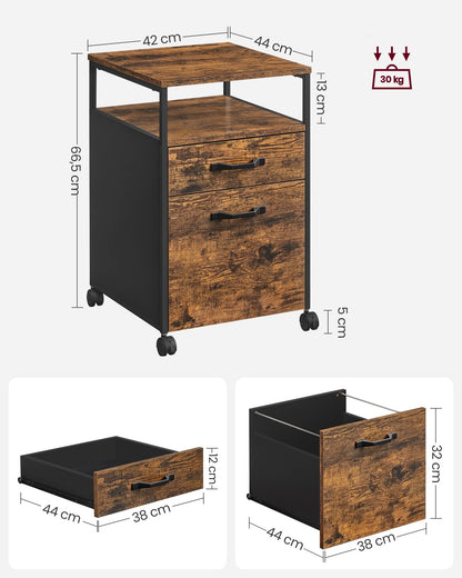 VASAGLE Mobile File Cabinet with 2 Drawers, Letter-Size Hanging File Folders, Open Shelf, Steel Frame, Rustic Brown and Ink Black OFC71X