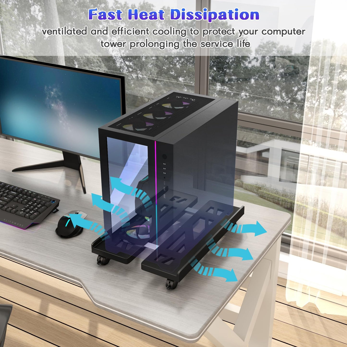 Qcdou Adjustable Mobile CPU Stand - Ventilated Tower Stand with 4 Caster Wheels, Fits Most PC, for Floor Carpet Gaming PC Case (Black)